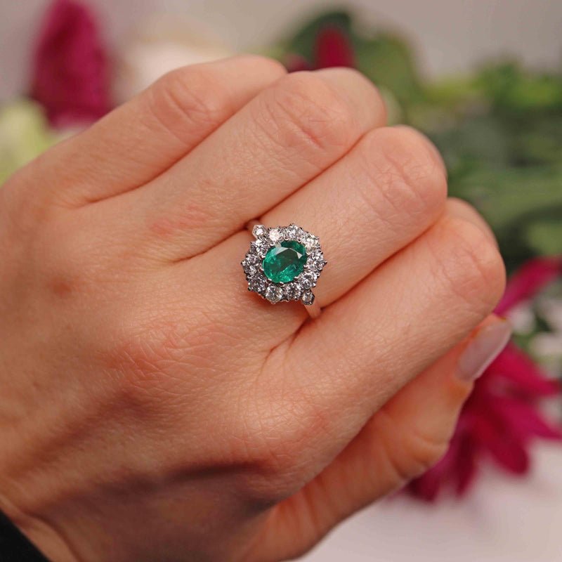 Ellibelle Jewellery Natural Emerald & Diamond Platinum Cluster Engagement Ring