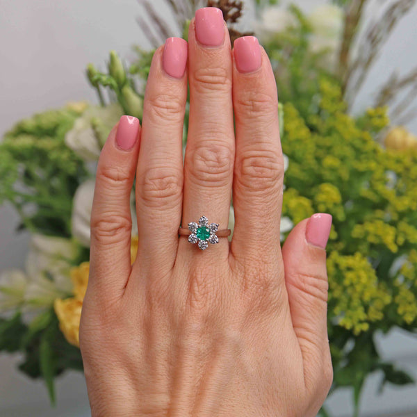 Ellibelle Jewellery Natural Emerald & Diamond Platinum Daisy Cluster Engagement Ring