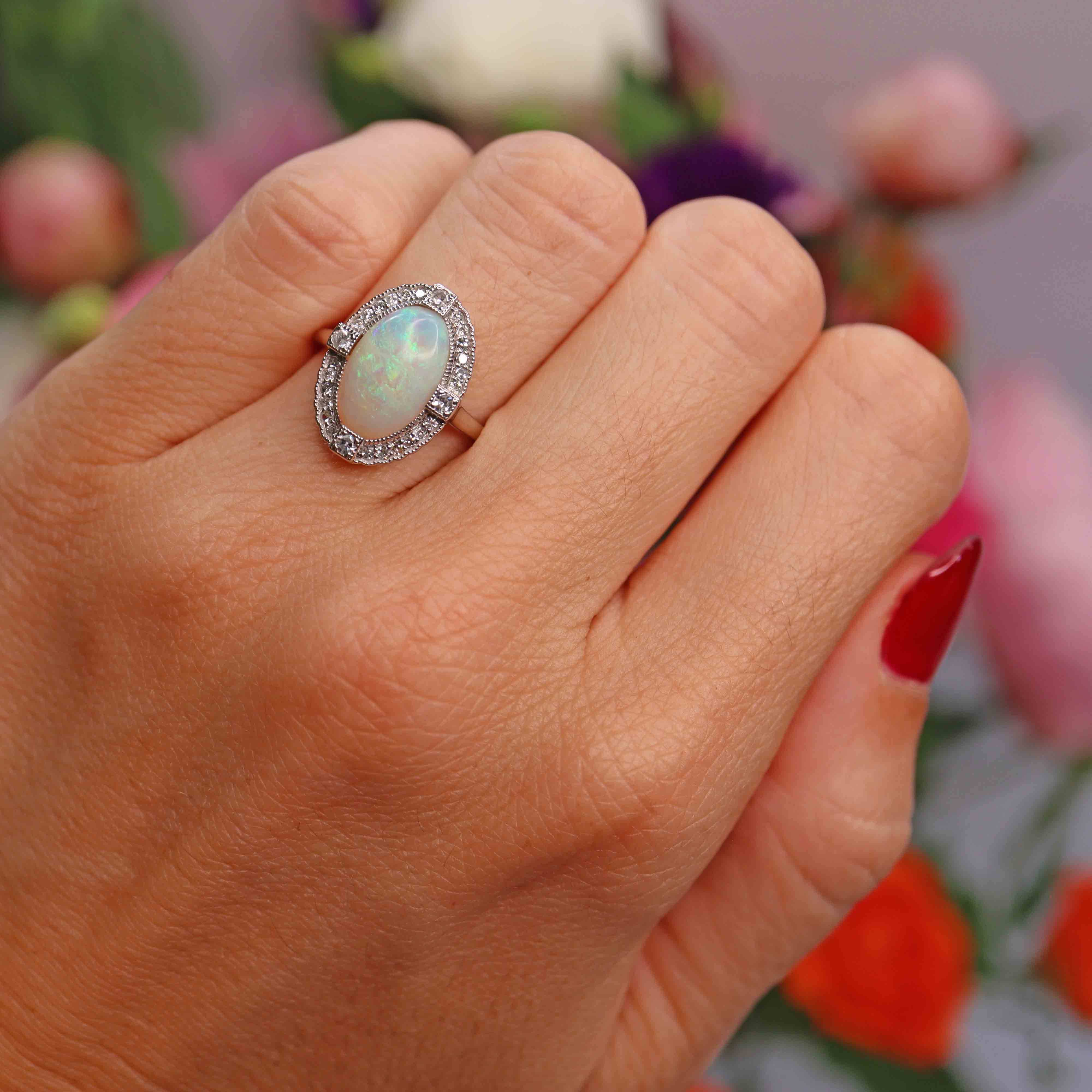 Ellibelle Jewellery Natural Opal & Diamond Platinum Oval Cluster Ring