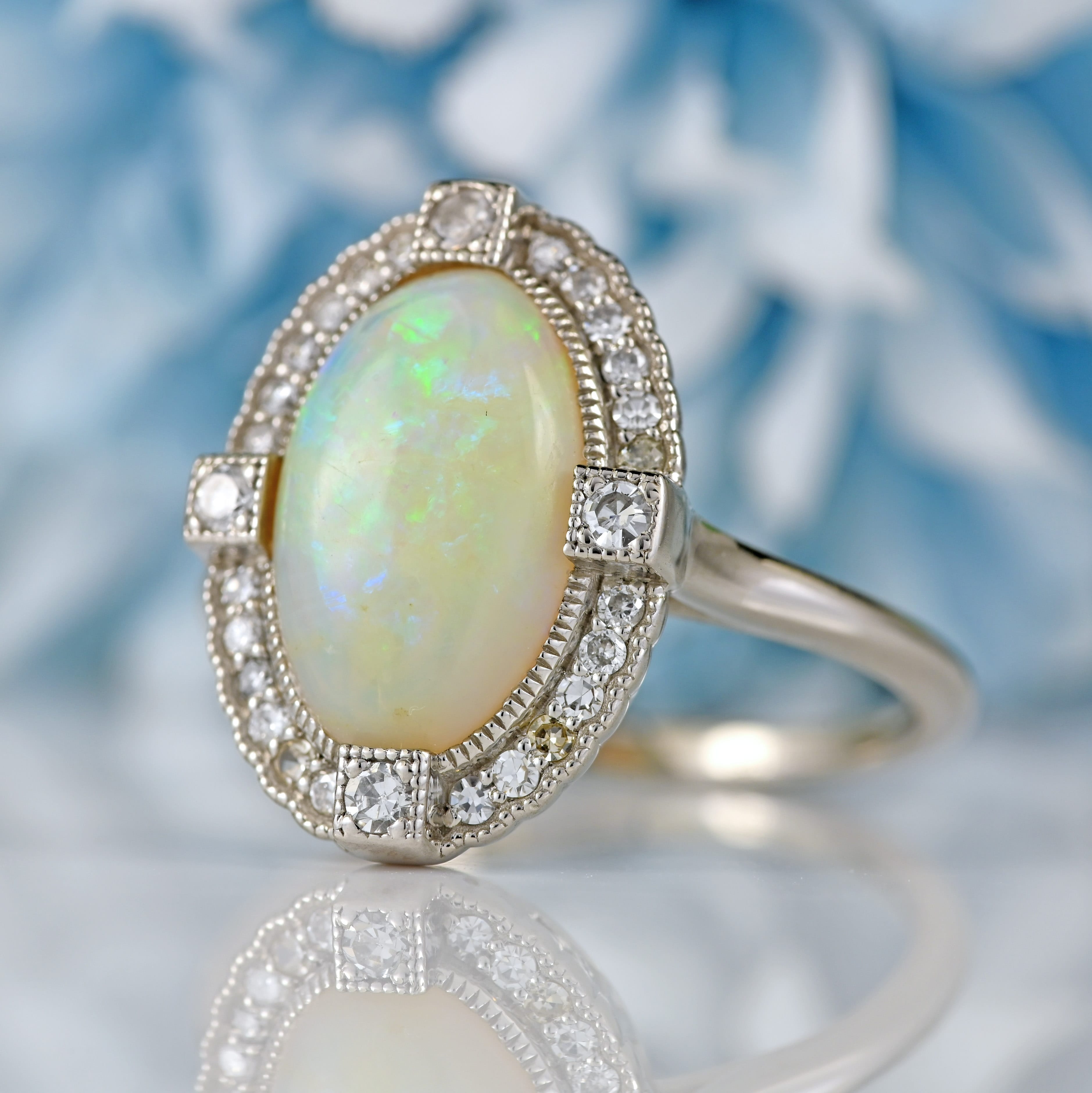 Ellibelle Jewellery Natural Opal & Diamond Platinum Oval Cluster Ring