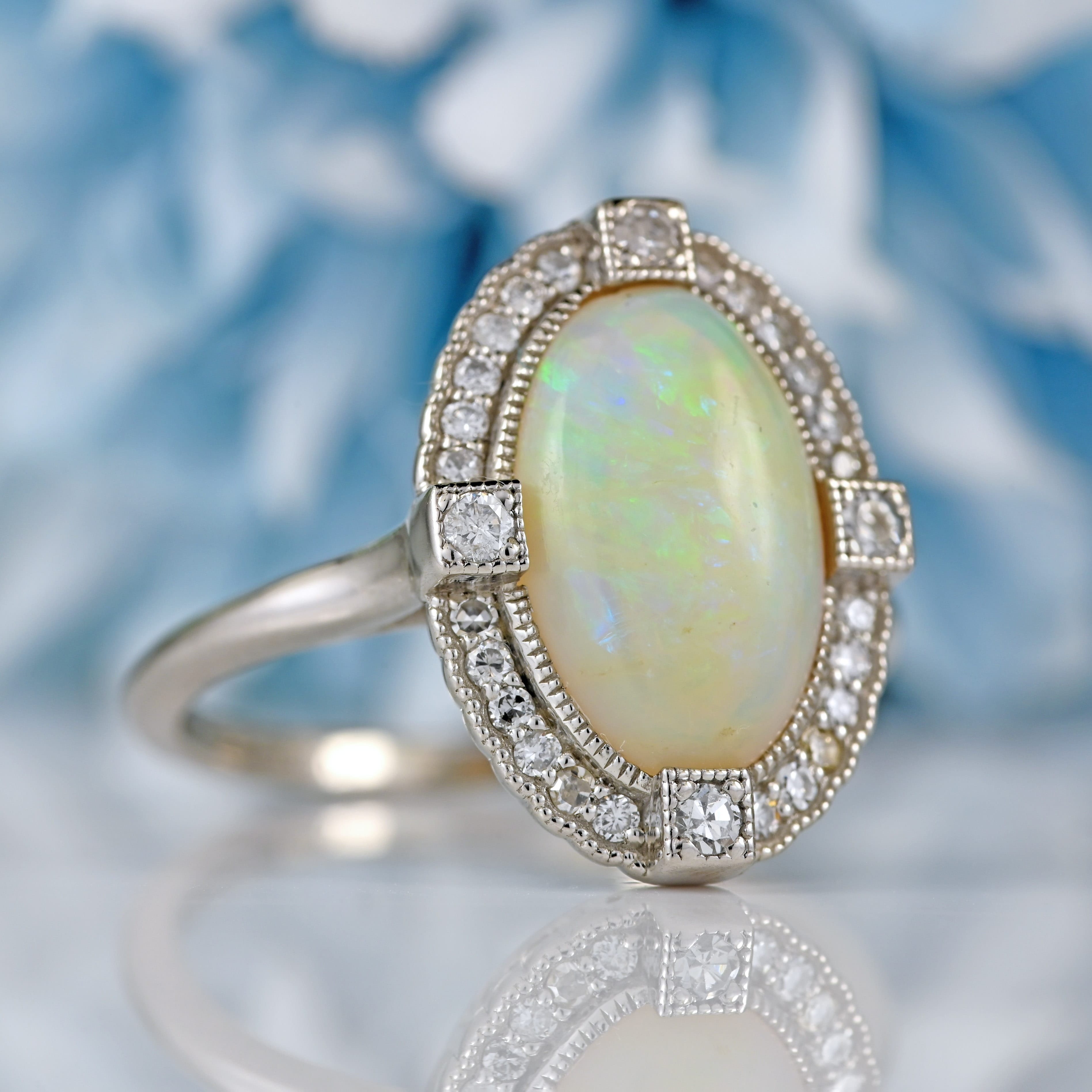 Ellibelle Jewellery Natural Opal & Diamond Platinum Oval Cluster Ring