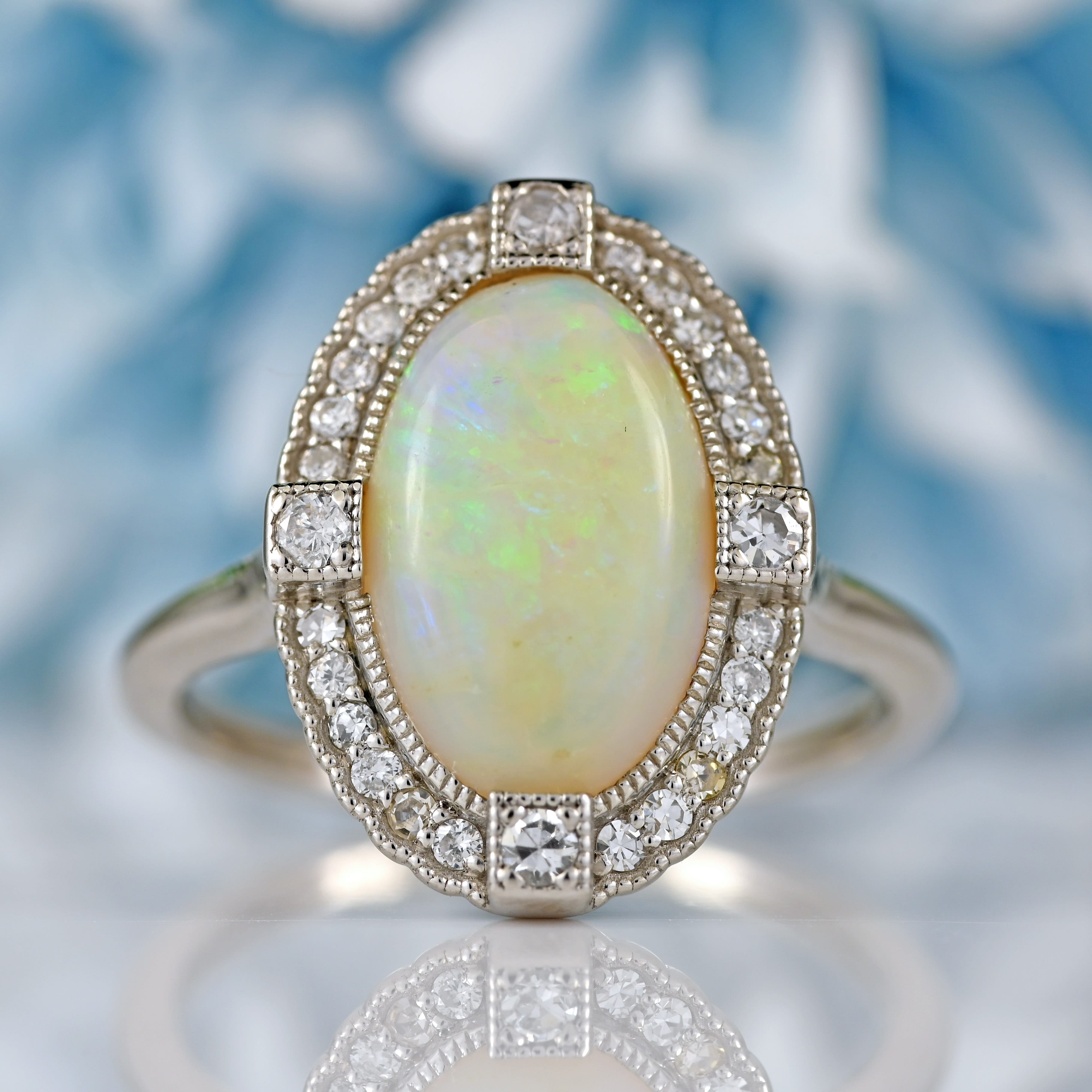 Ellibelle Jewellery Natural Opal & Diamond Platinum Oval Cluster Ring
