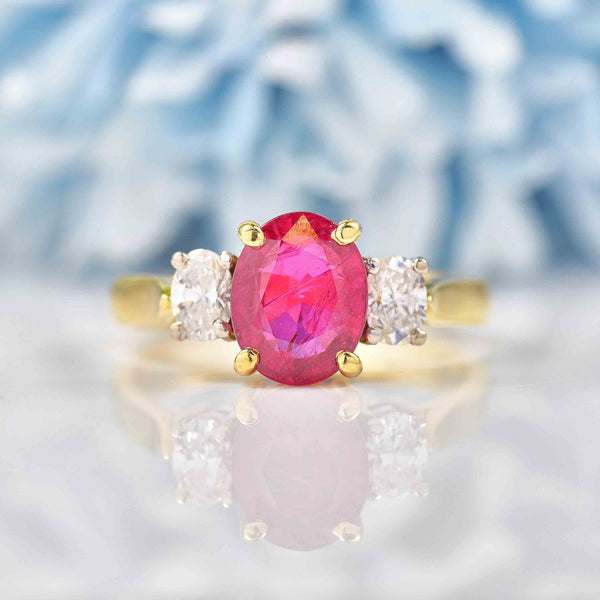 Ellibelle Jewellery Natural Oval Cut Ruby & Diamond 18ct Gold Three-Stone Engagement Ring