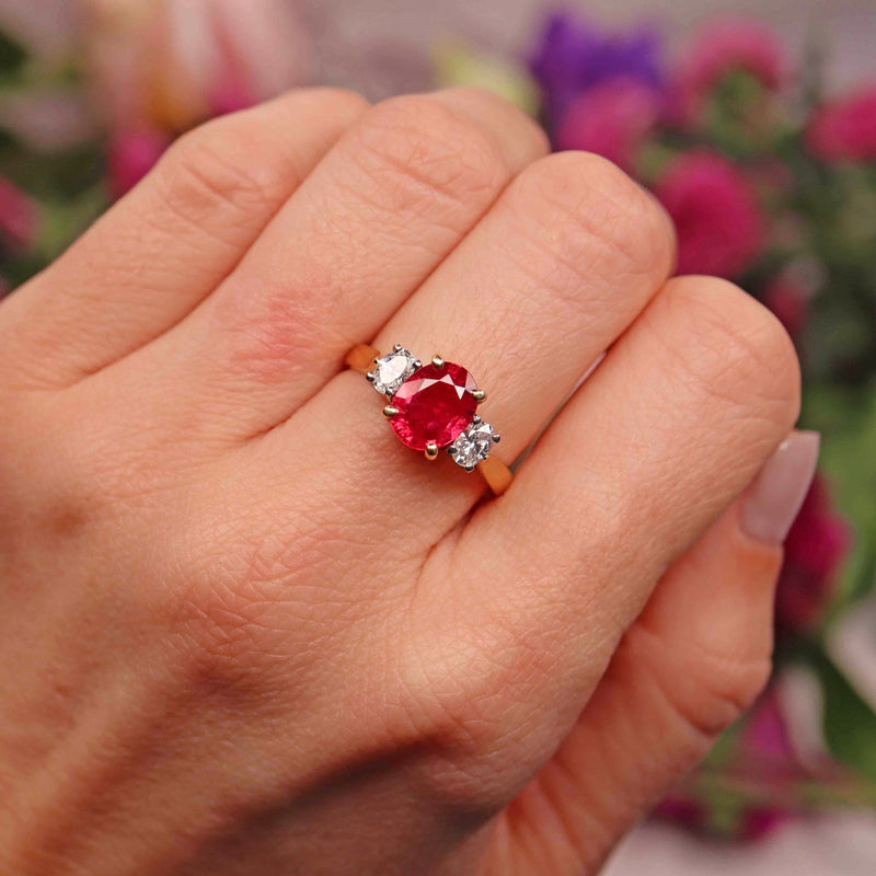 Ellibelle Jewellery Natural Oval Cut Ruby & Diamond 18ct Gold Three-Stone Engagement Ring