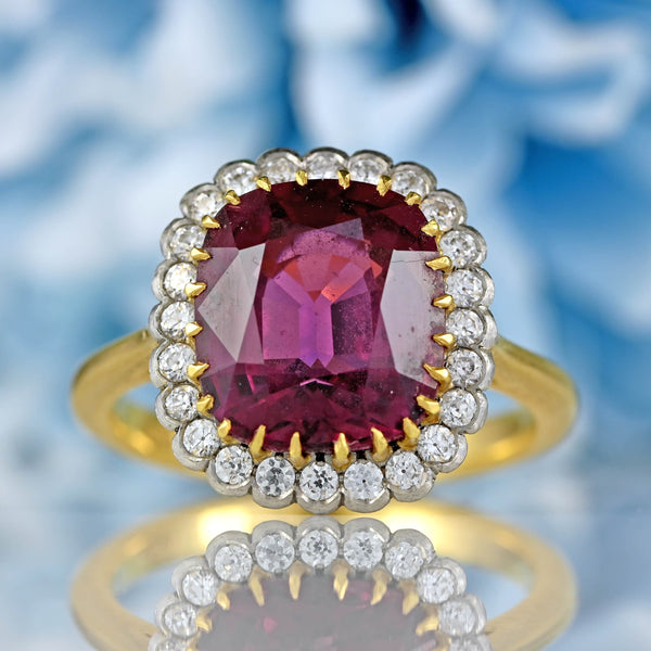 Ellibelle Jewellery Natural Pink Spinel & Diamond 18ct Gold Cushion-Cut Cluster Engagement Ring