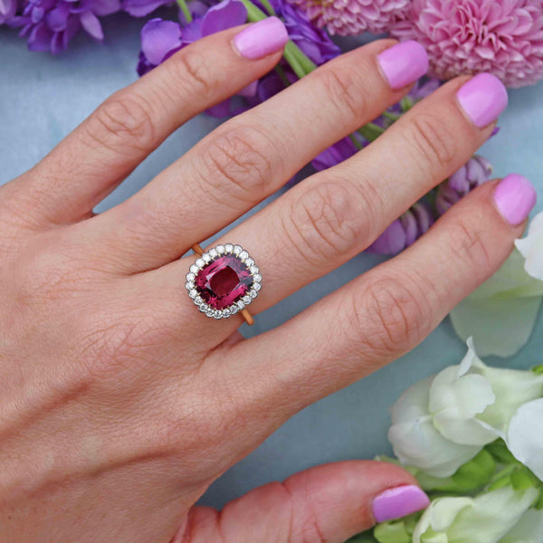 Ellibelle Jewellery Natural Pink Spinel & Diamond 18ct Gold Cushion-Cut Cluster Engagement Ring
