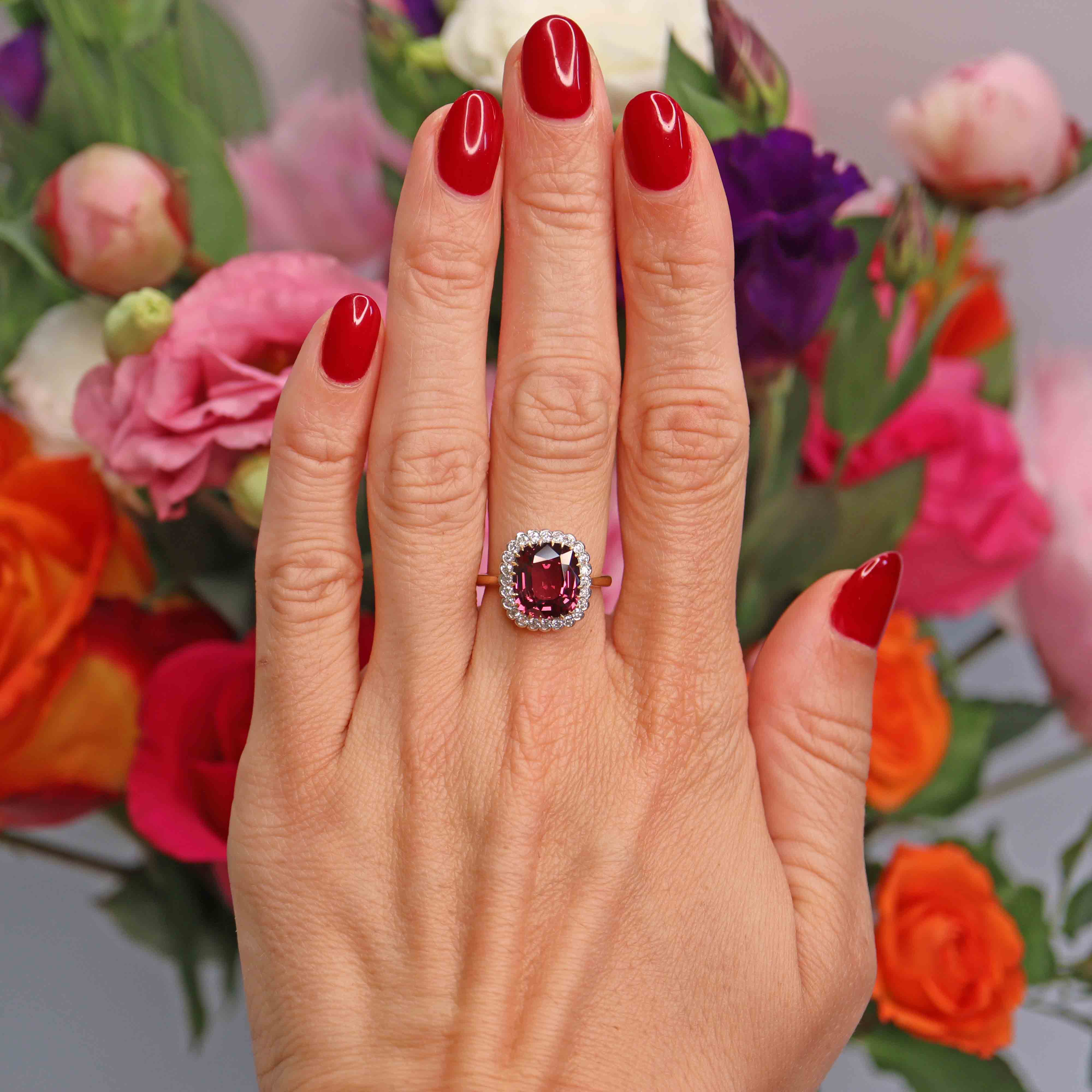 Ellibelle Jewellery Natural Pink Spinel & Diamond 18ct Gold Cushion-Cut Cluster Engagement Ring