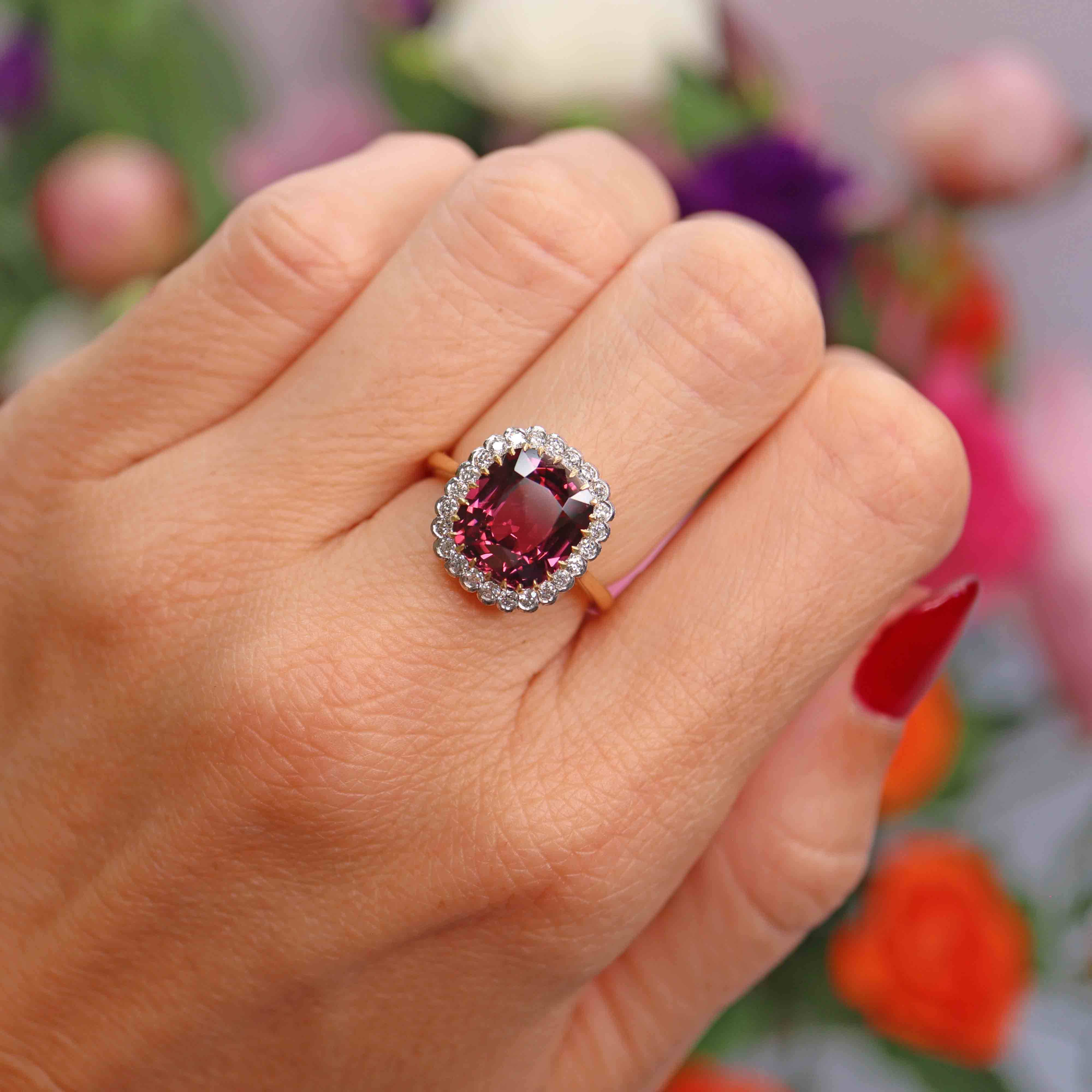 Ellibelle Jewellery Natural Pink Spinel & Diamond 18ct Gold Cushion-Cut Cluster Engagement Ring