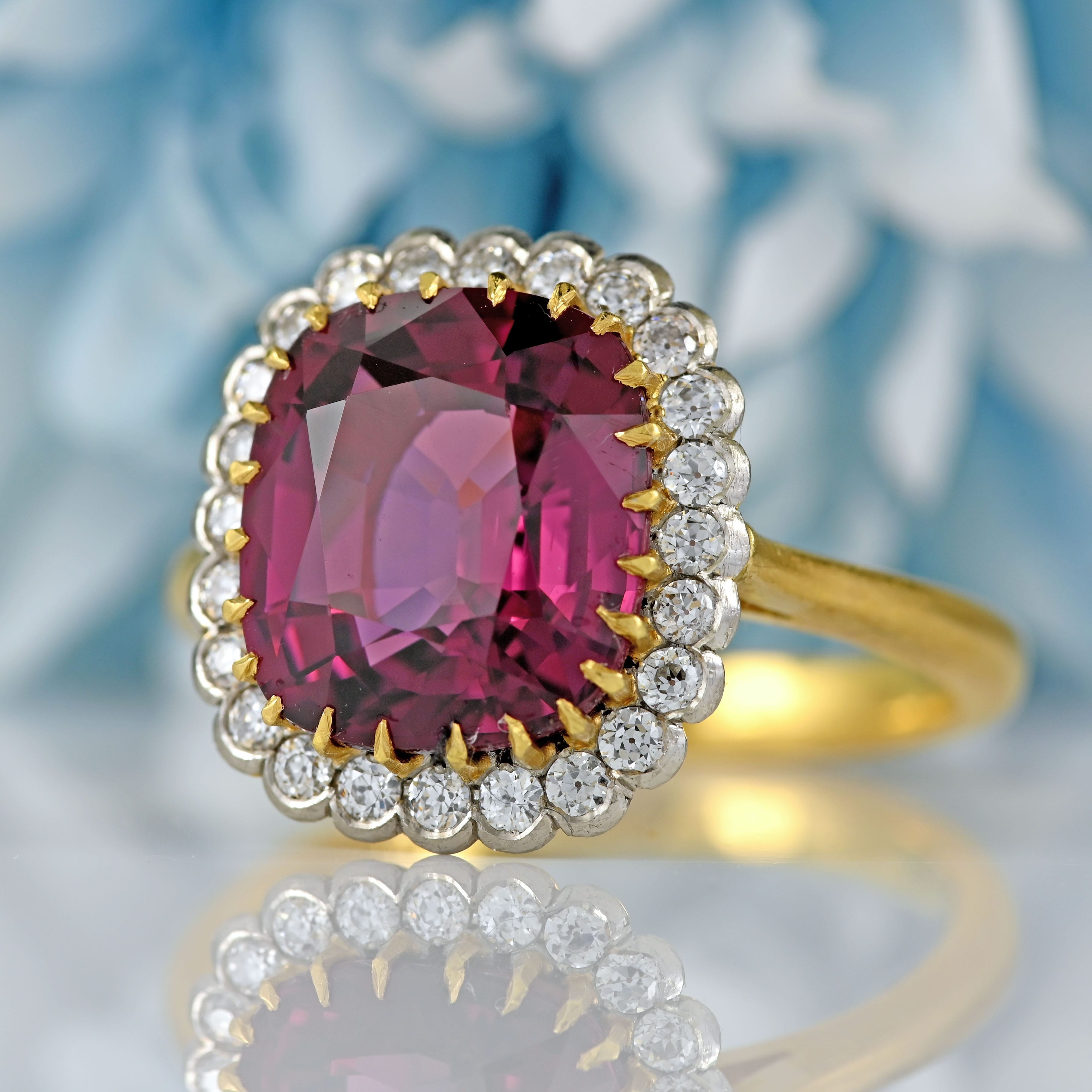 Ellibelle Jewellery Natural Pink Spinel & Diamond 18ct Gold Cushion-Cut Cluster Engagement Ring
