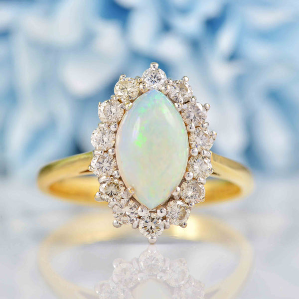 Ellibelle Jewellery Opal & Diamond 18ct Gold Marquise Cluster Engagement Ring