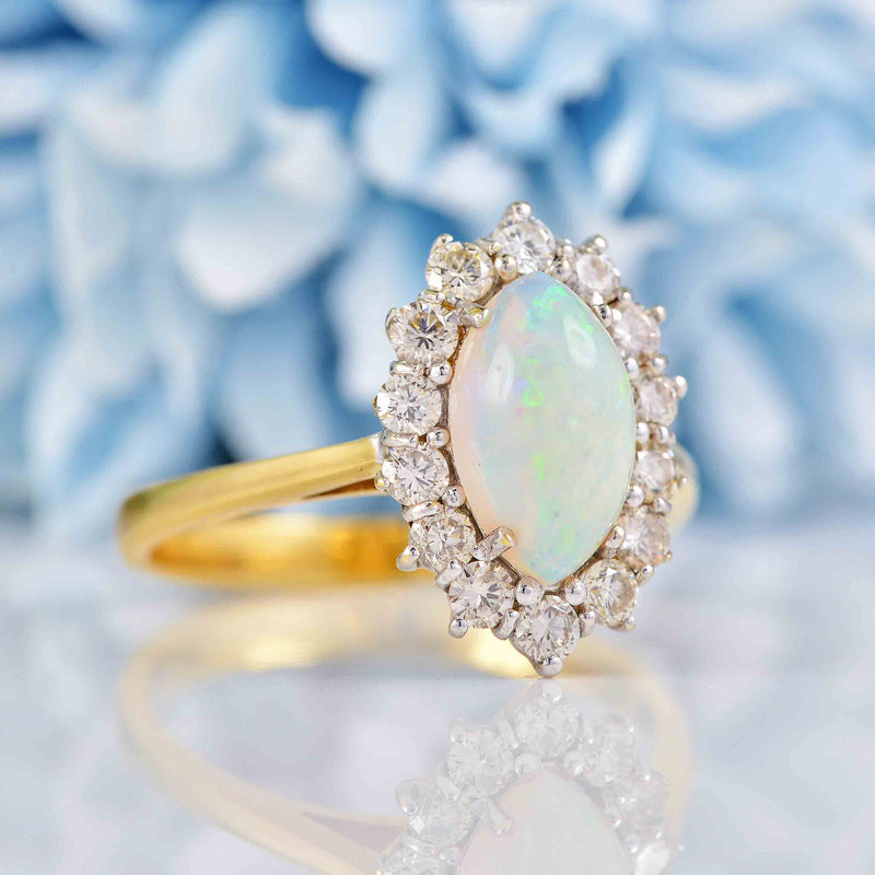 Ellibelle Jewellery Opal & Diamond 18ct Gold Marquise Cluster Engagement Ring