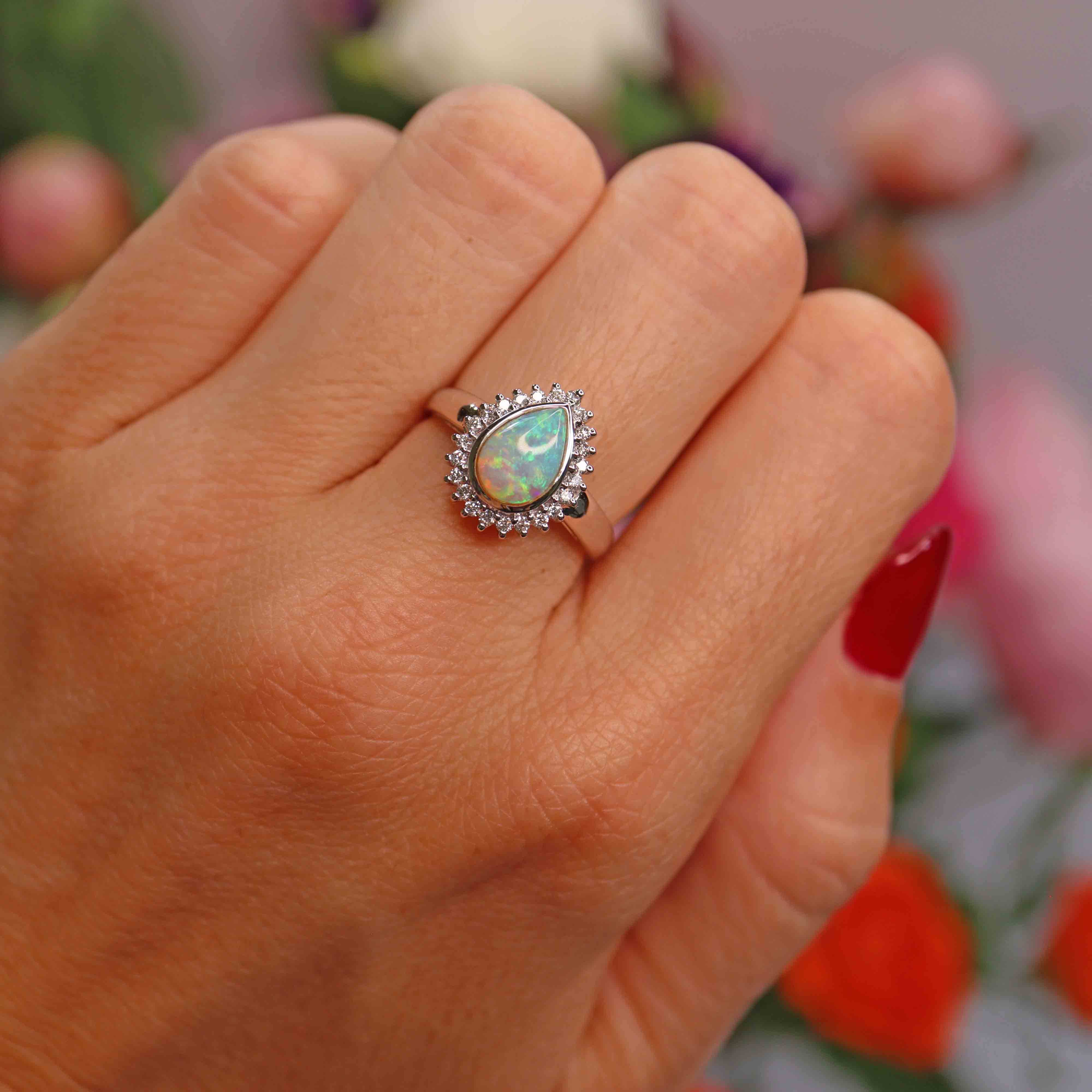 Ellibelle Jewellery Opal & Diamond 18ct White Gold Pear-Shaped Cluster Ring