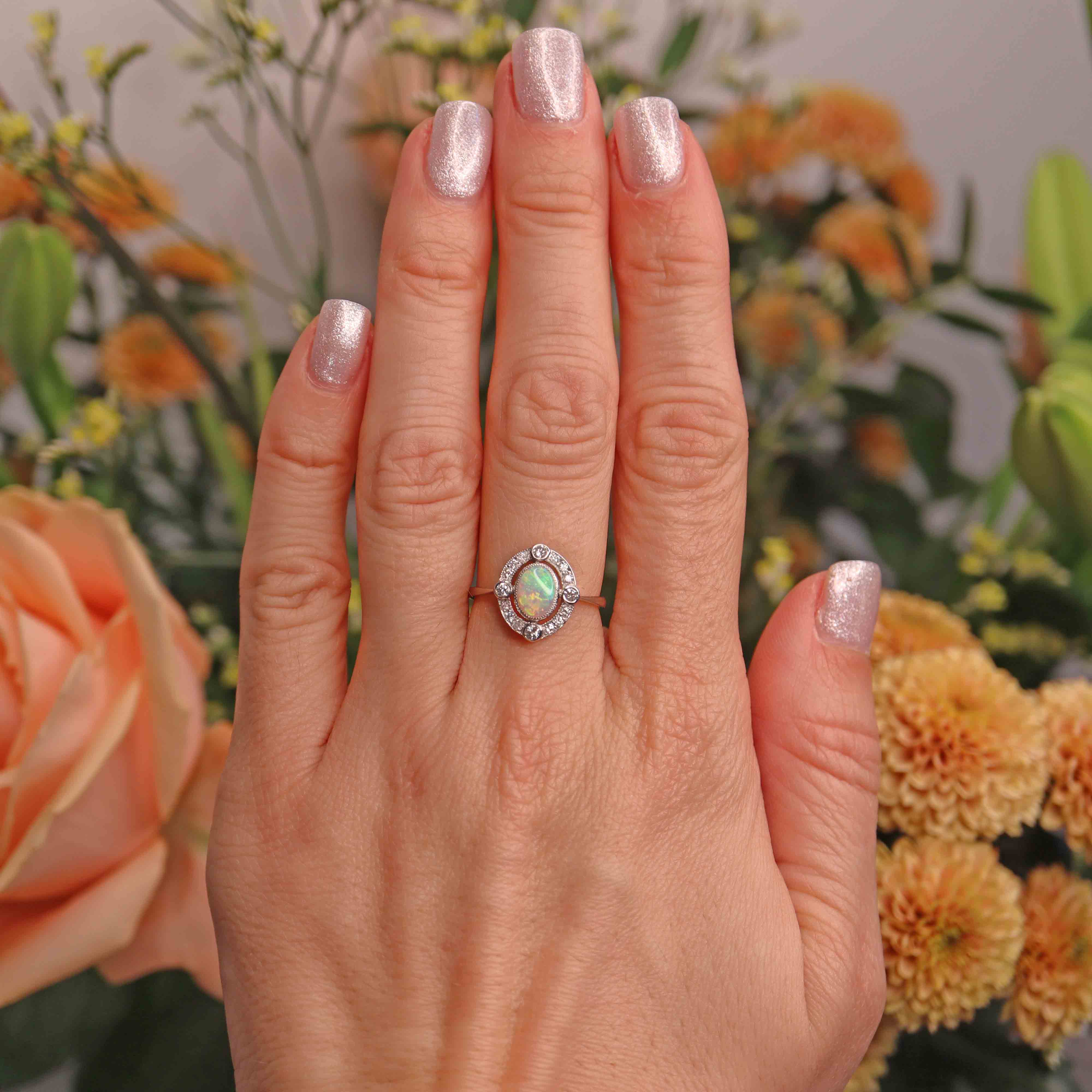 Ellibelle Jewellery Opal & Diamond Platinum Cluster Engagement Ring