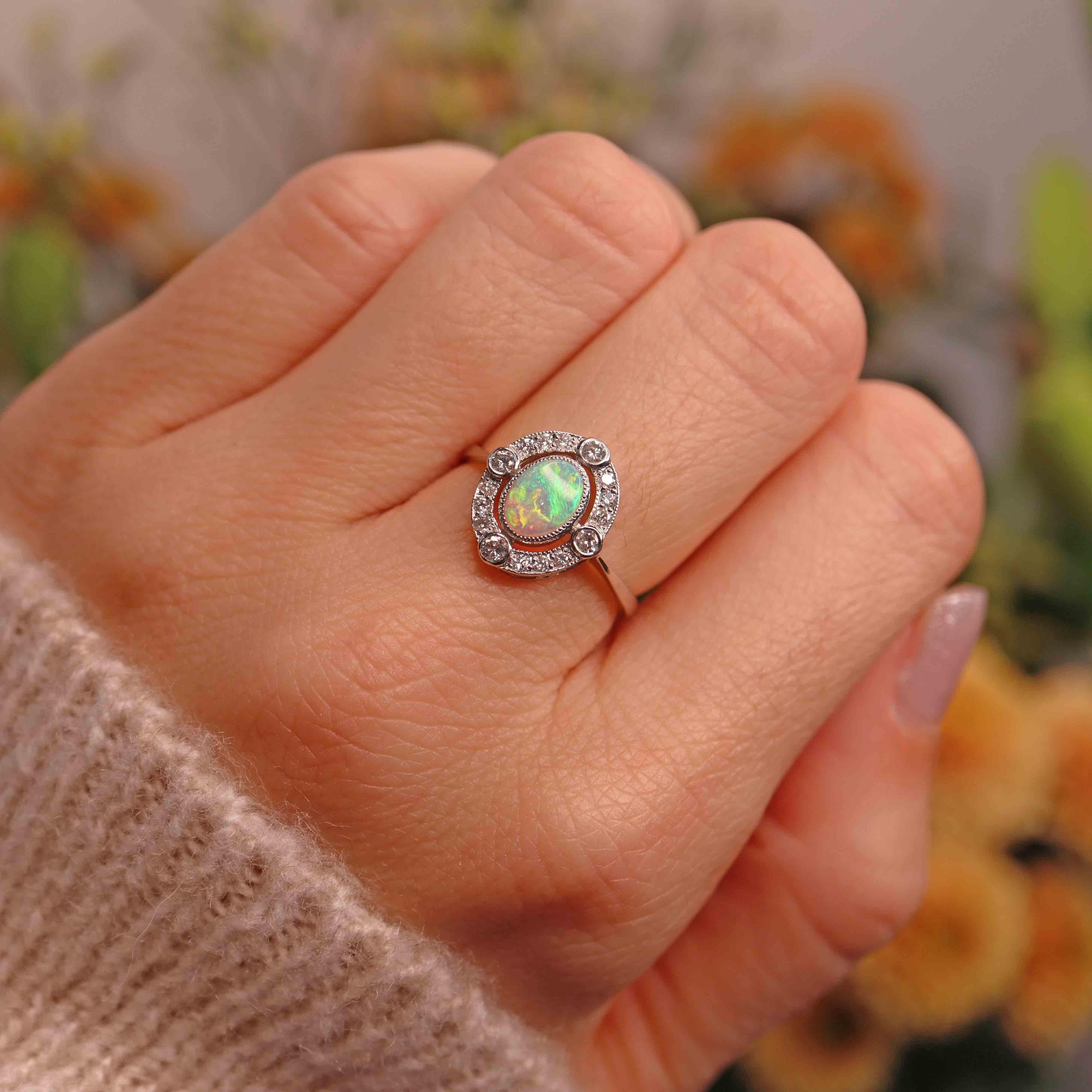 Ellibelle Jewellery Opal & Diamond Platinum Cluster Engagement Ring