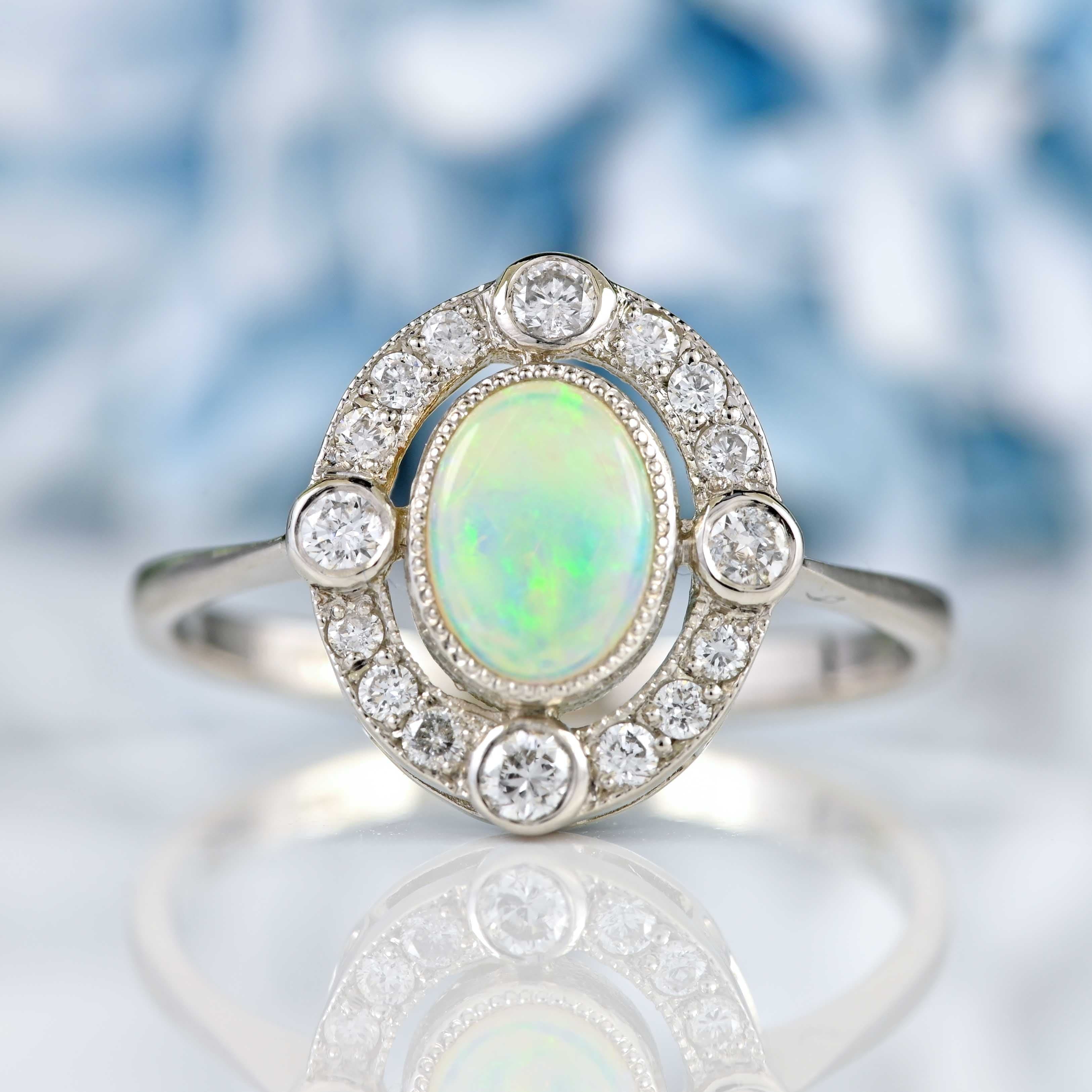 Ellibelle Jewellery Opal & Diamond Platinum Cluster Engagement Ring