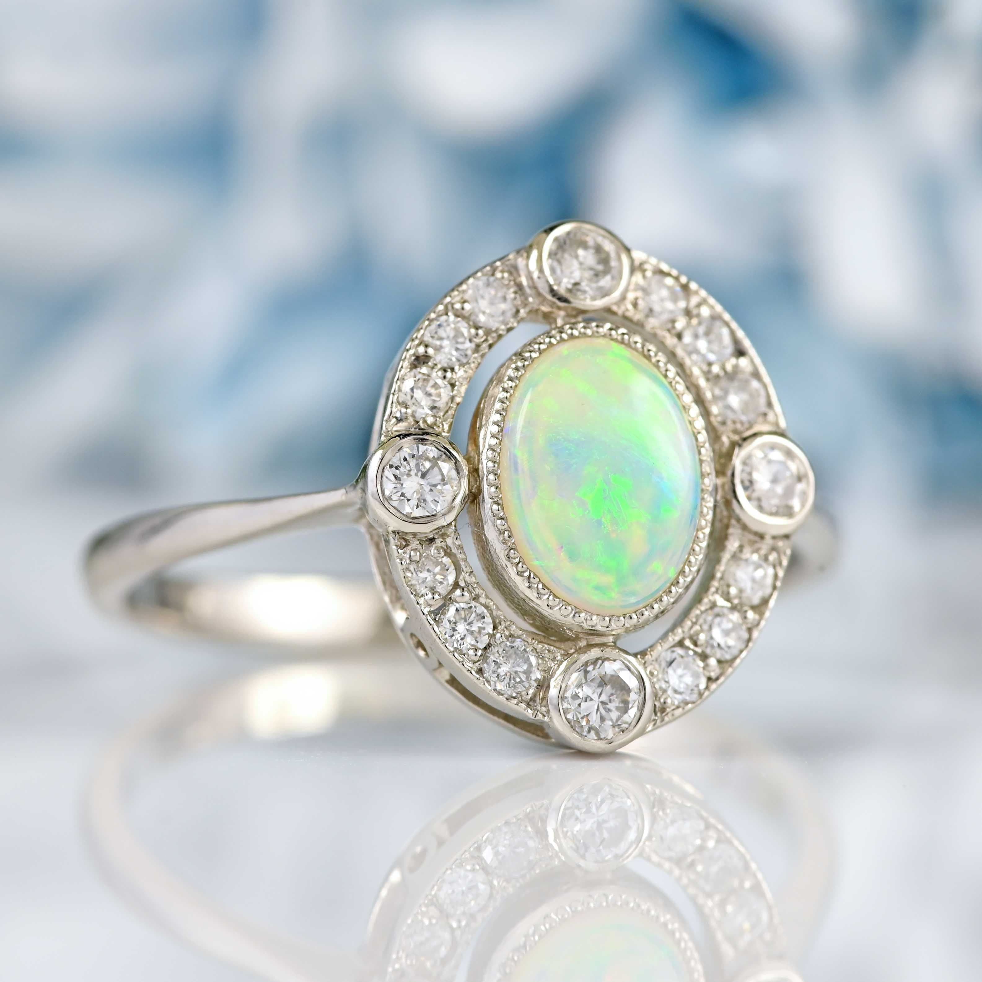 Ellibelle Jewellery Opal & Diamond Platinum Cluster Engagement Ring