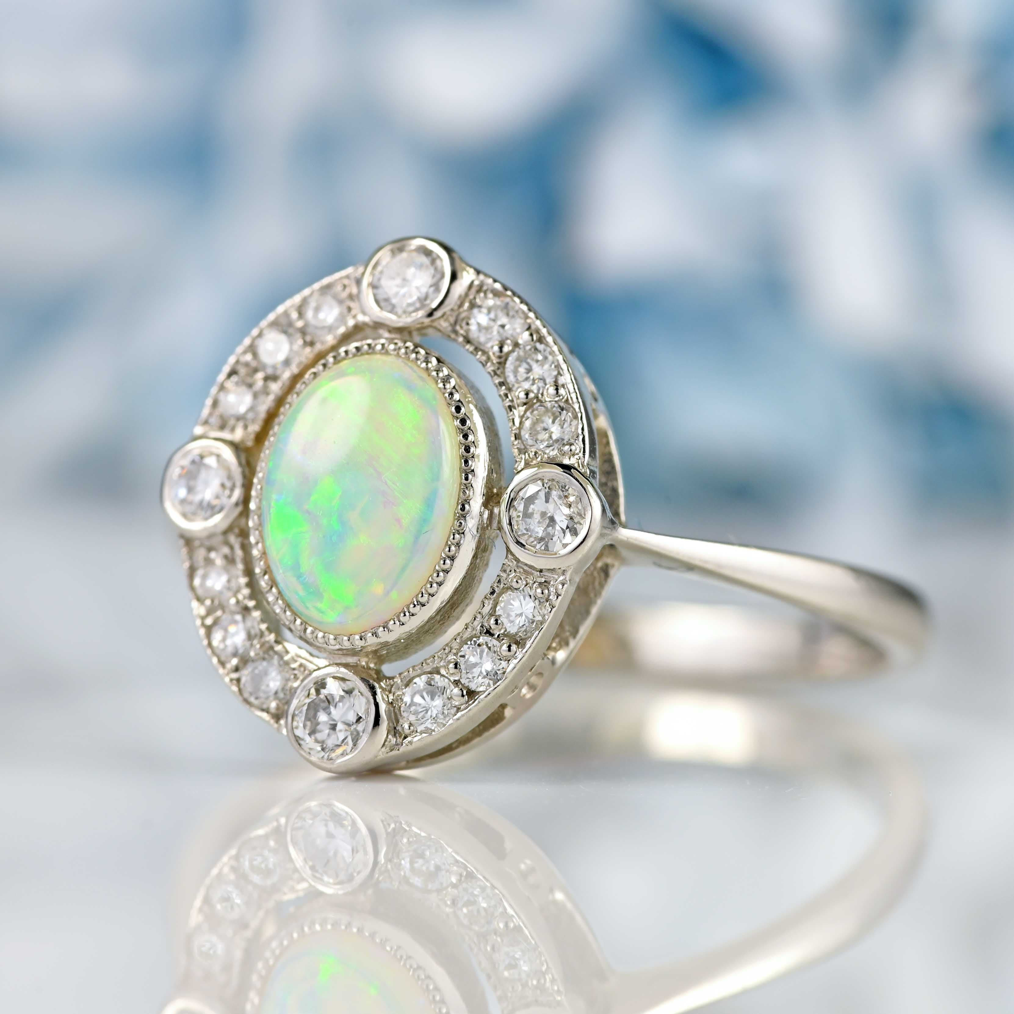 Ellibelle Jewellery Opal & Diamond Platinum Cluster Engagement Ring