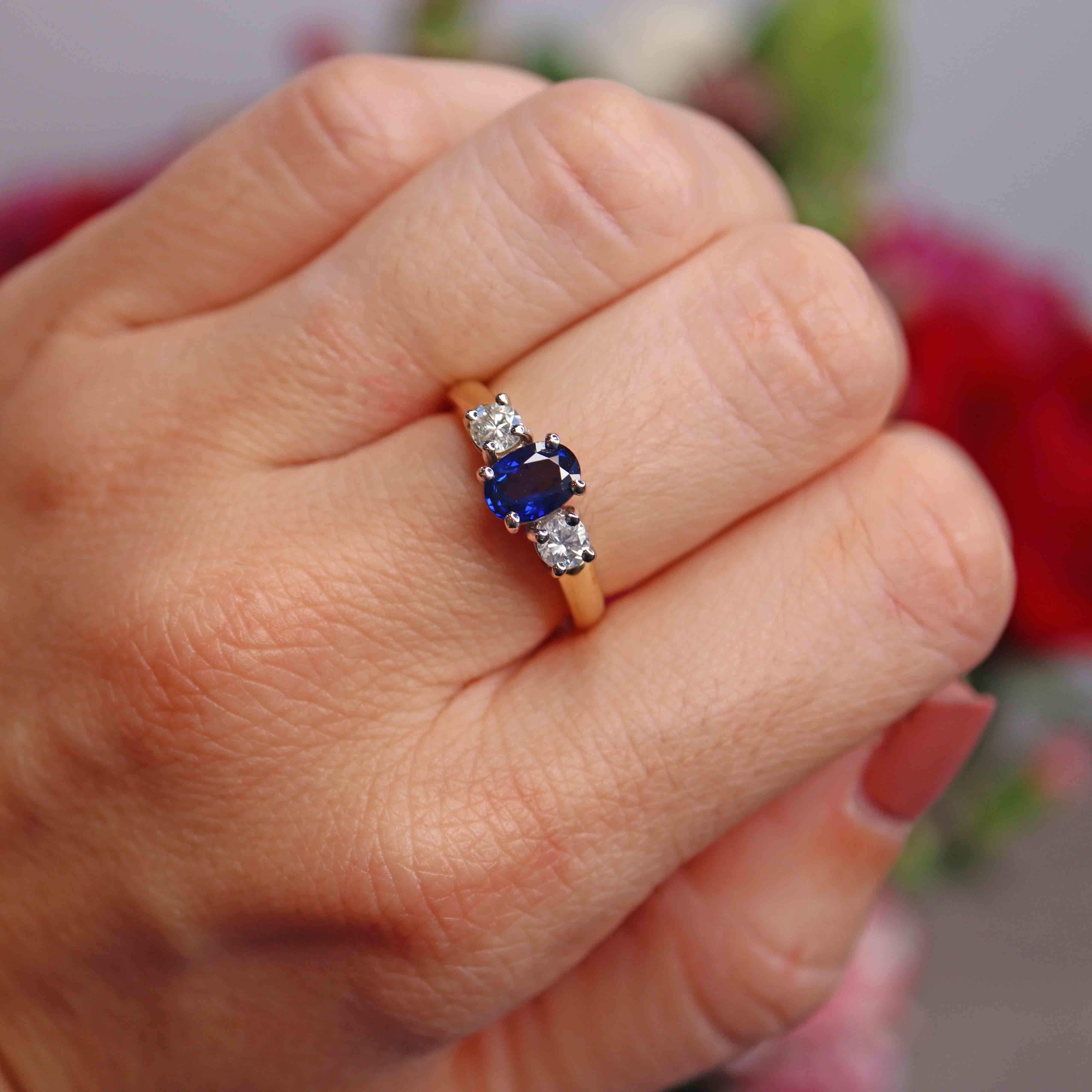 Ellibelle Jewellery Oval Sapphire & Diamond 18ct Gold Three-Stone Engagement Ring