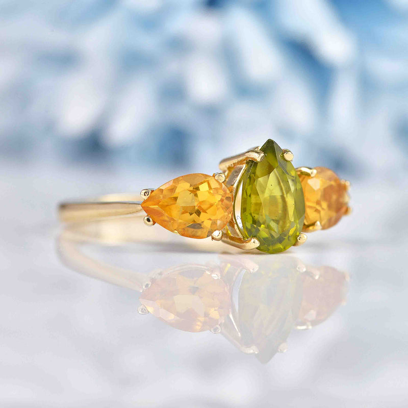 Ellibelle Jewellery Peridot & Citrine 9ct Gold Pear-Shaped Trilogy Ring