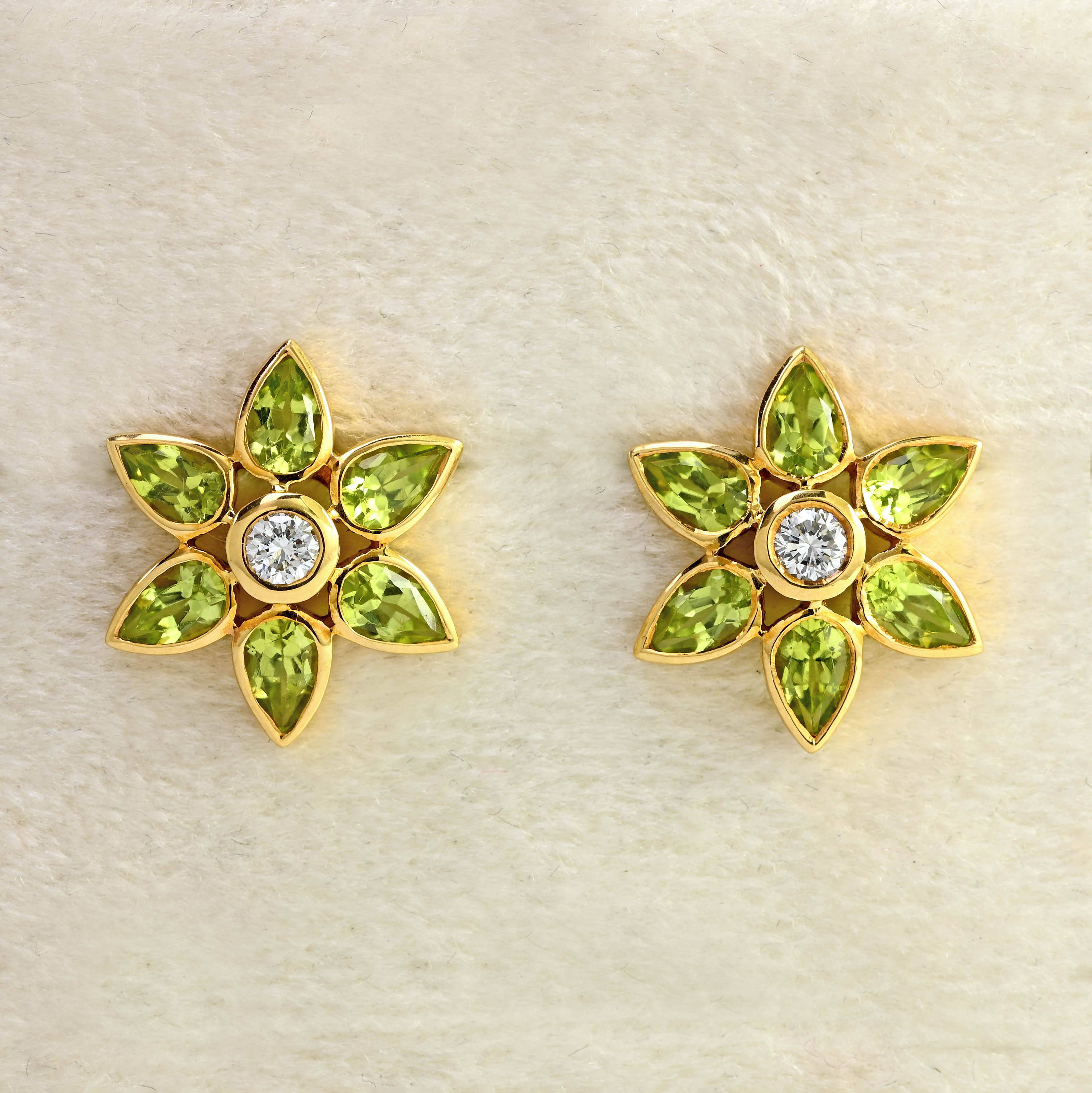 Ellibelle Jewellery Peridot & Diamond 18ct Gold Flower Petal Stud Earrings