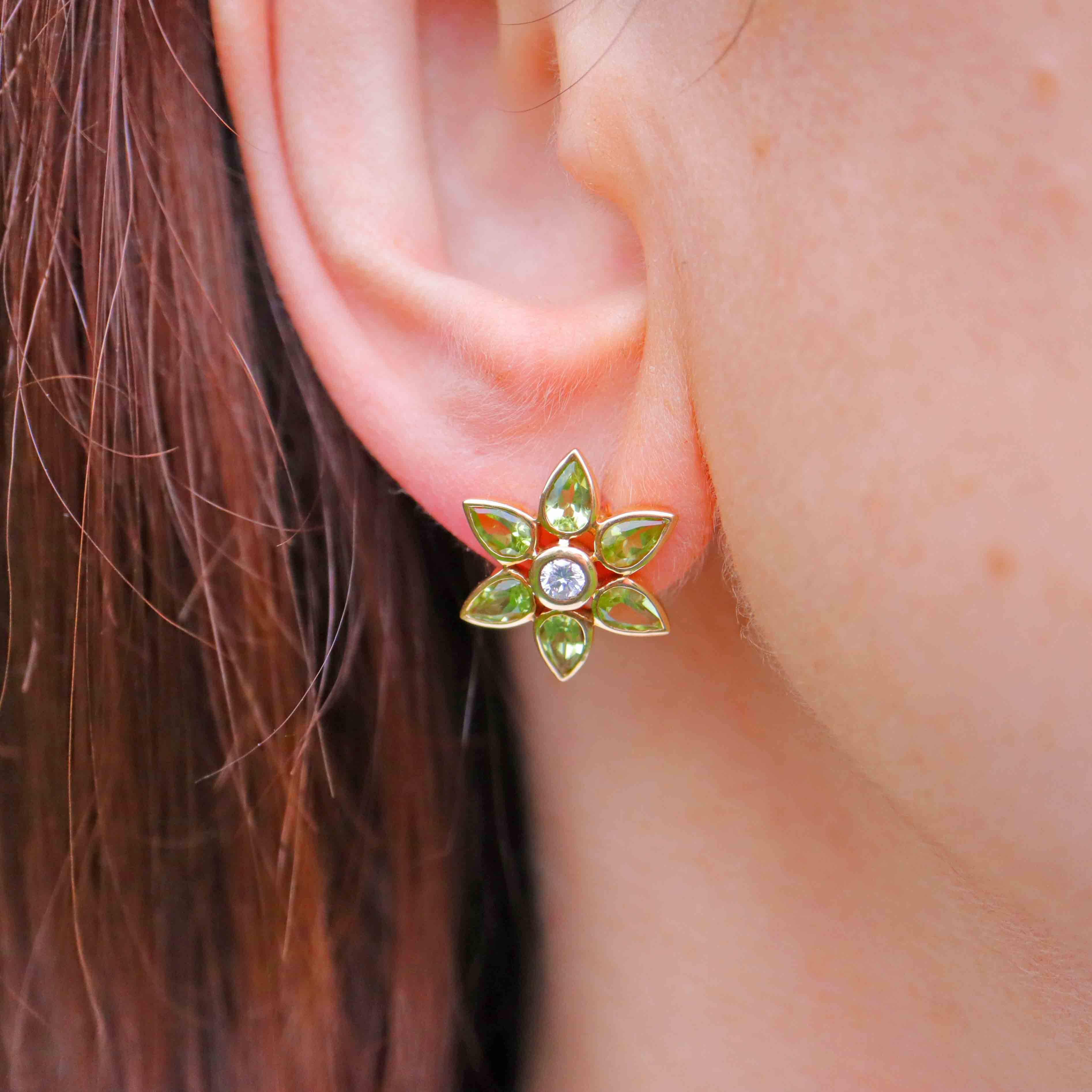 Ellibelle Jewellery Peridot & Diamond 18ct Gold Flower Petal Stud Earrings