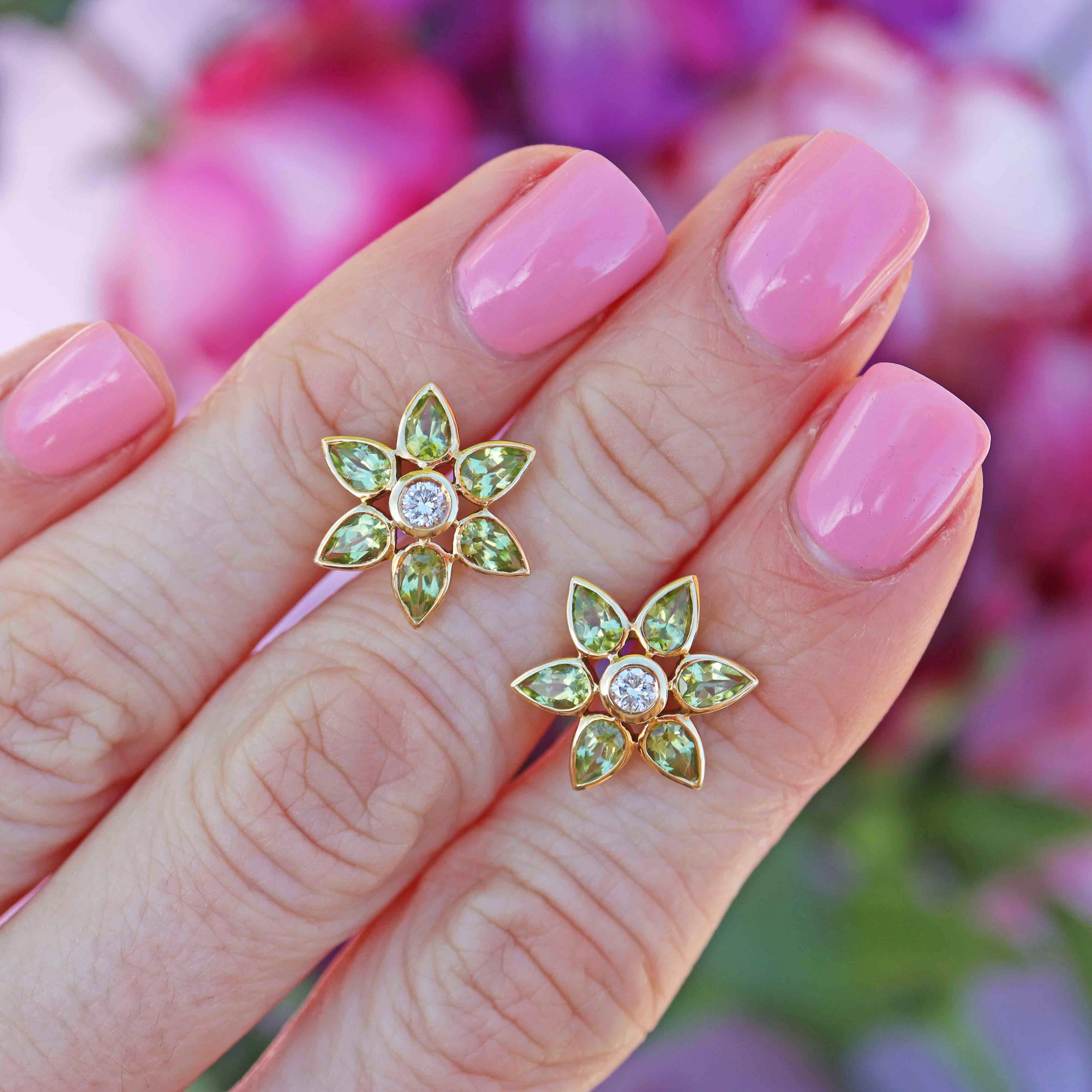 Ellibelle Jewellery Peridot & Diamond 18ct Gold Flower Petal Stud Earrings