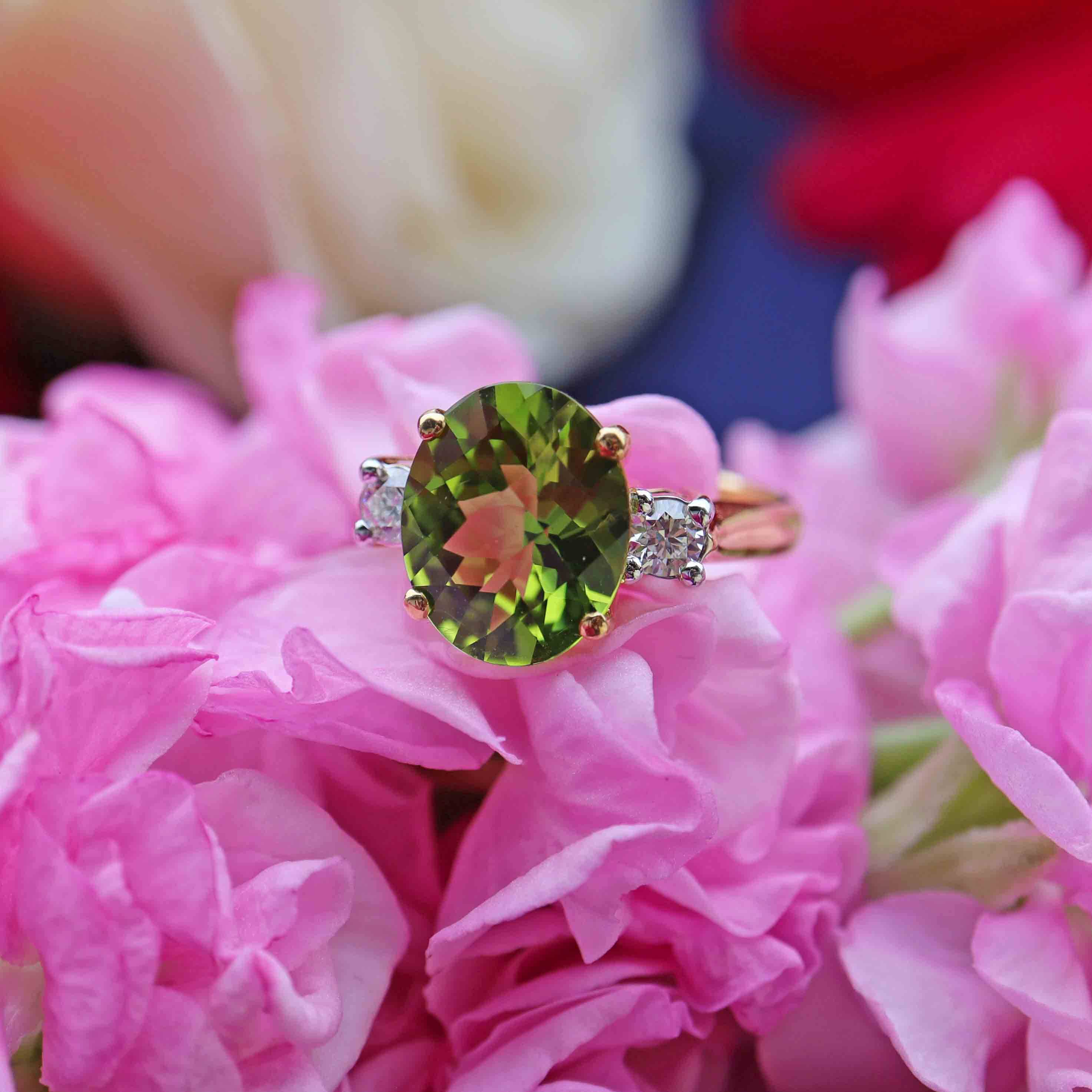 Ellibelle Jewellery Peridot & Diamond 18ct Gold Three-Stone Trilogy Ring (5.13cts)