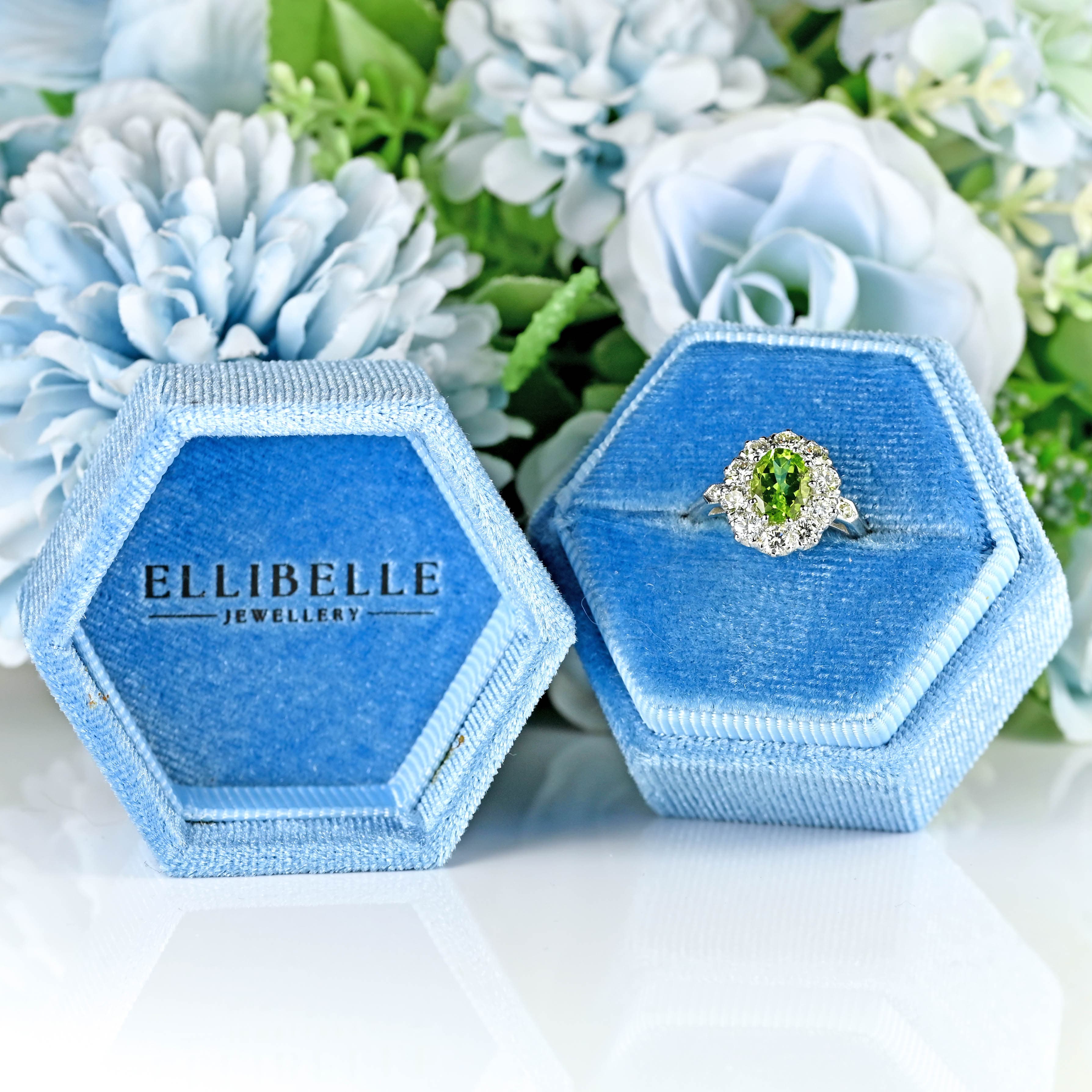 Ellibelle Jewellery Peridot & Diamond Platinum Oval Cluster Ring (1.25cts)