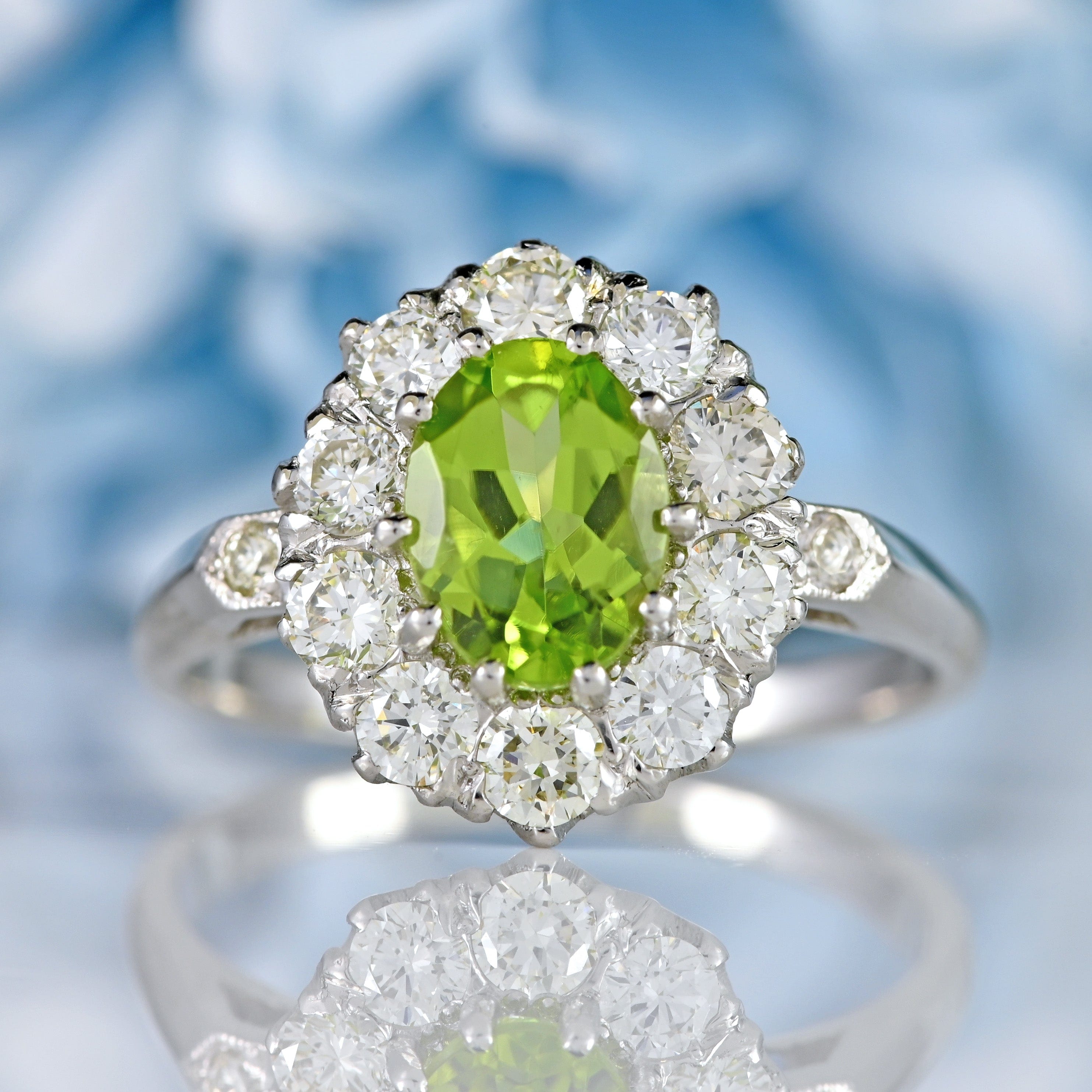 Ellibelle Jewellery Peridot & Diamond Platinum Oval Cluster Ring (1.25cts)