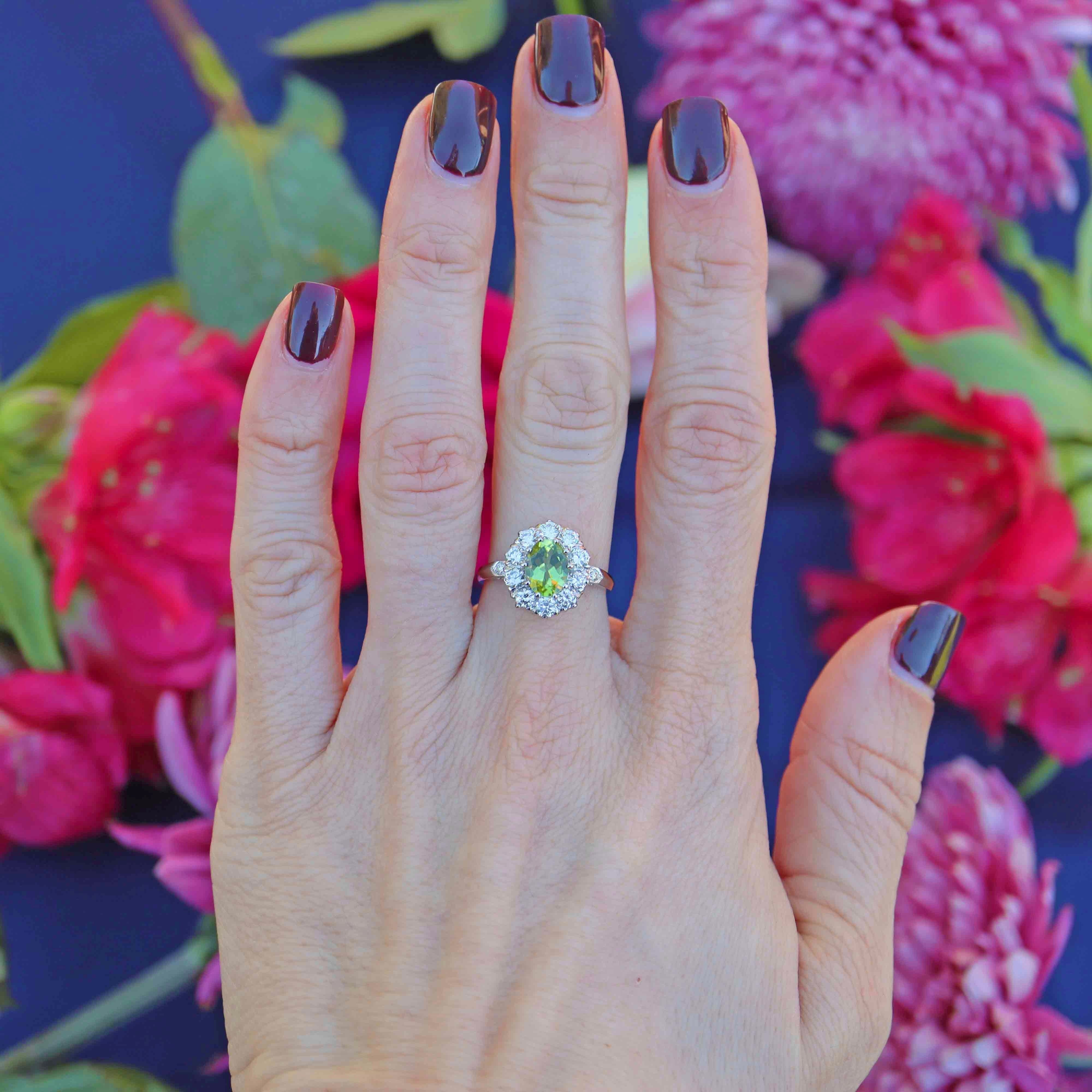 Ellibelle Jewellery Peridot & Diamond Platinum Oval Cluster Ring (1.25cts)