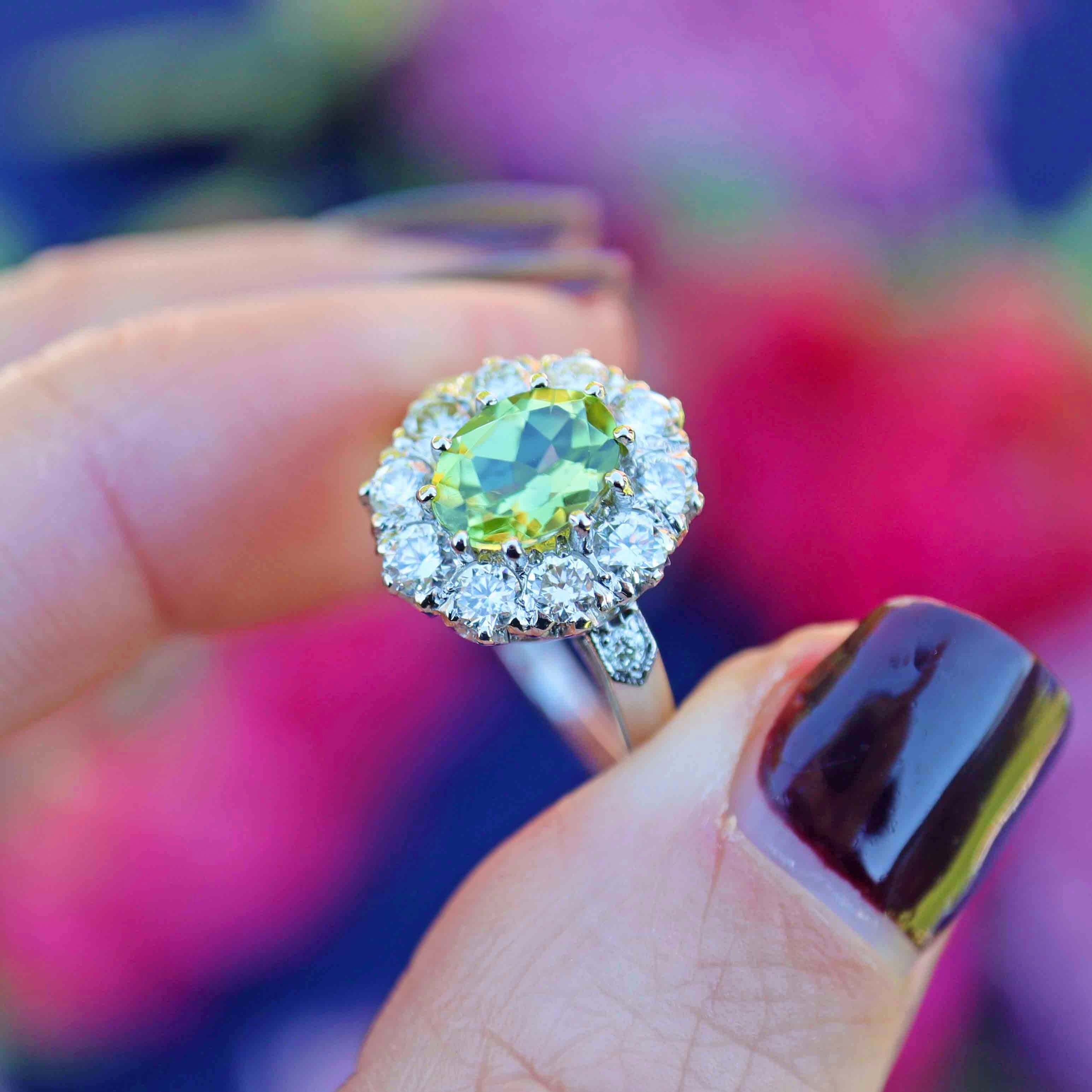 Ellibelle Jewellery Peridot & Diamond Platinum Oval Cluster Ring (1.25cts)