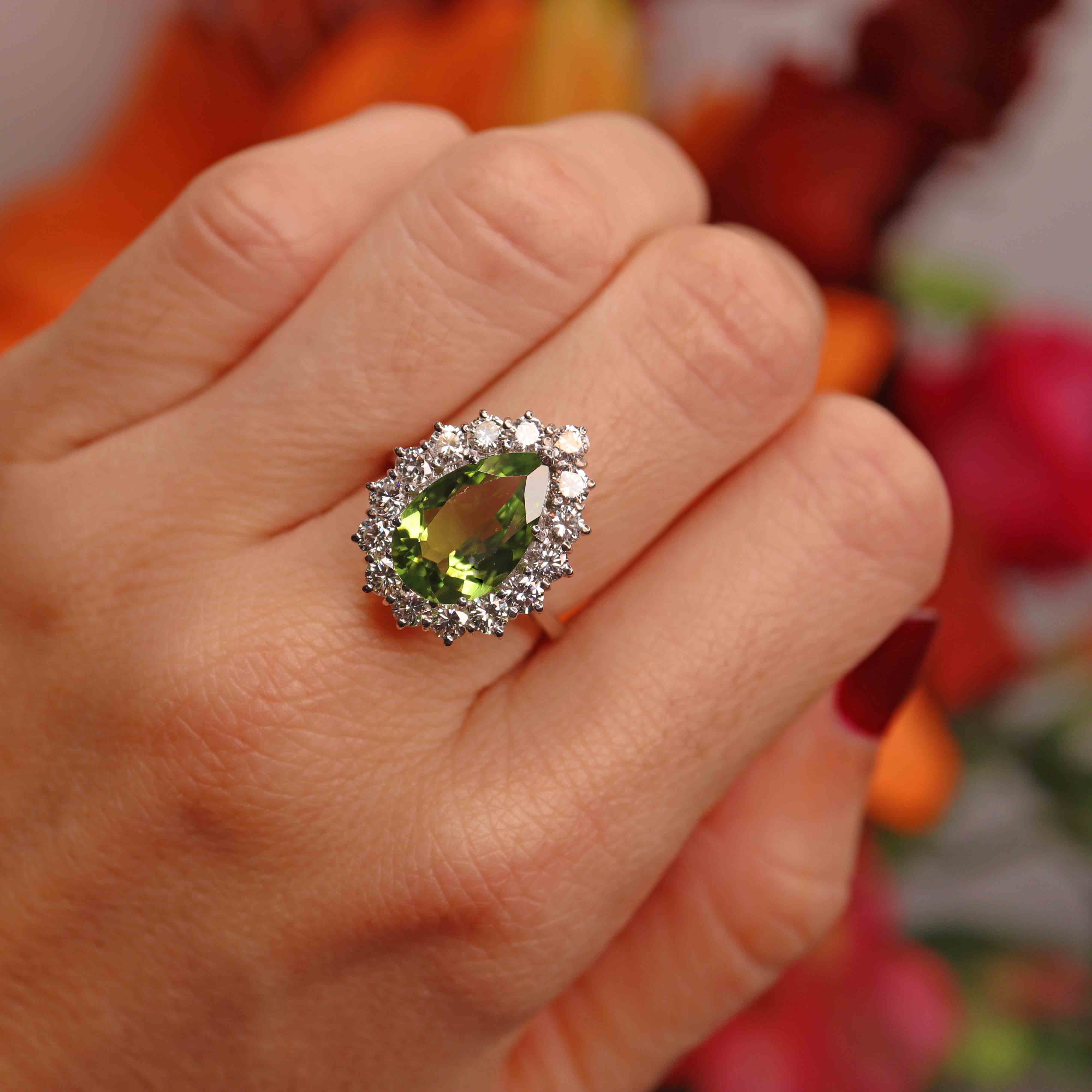 Ellibelle Jewellery Peridot & Diamond Platinum Pear-Shaped Cluster Ring (4.10cts)