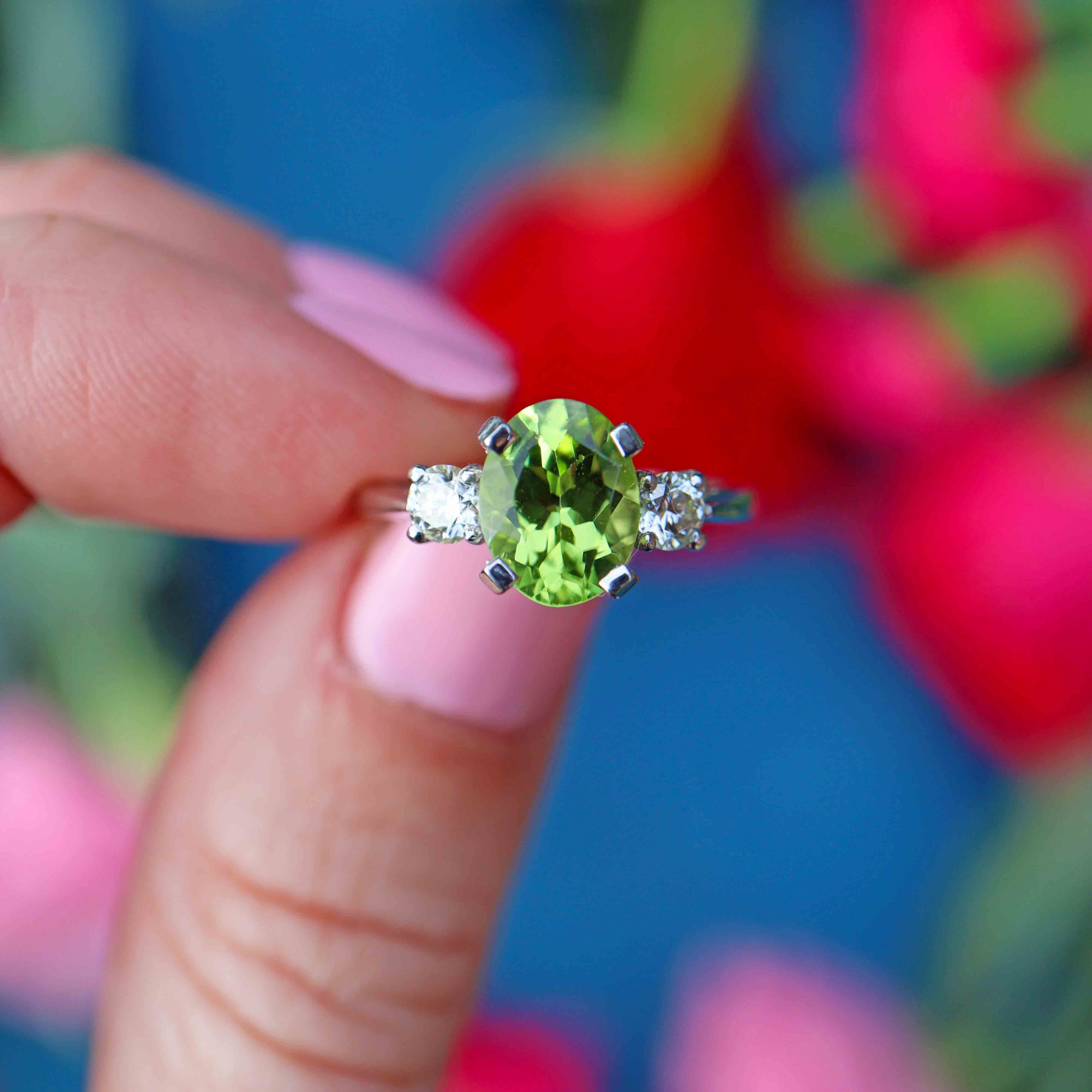 Ellibelle Jewellery Peridot & Diamond Platinum Three-Stone Engagement Ring (2.20cts)