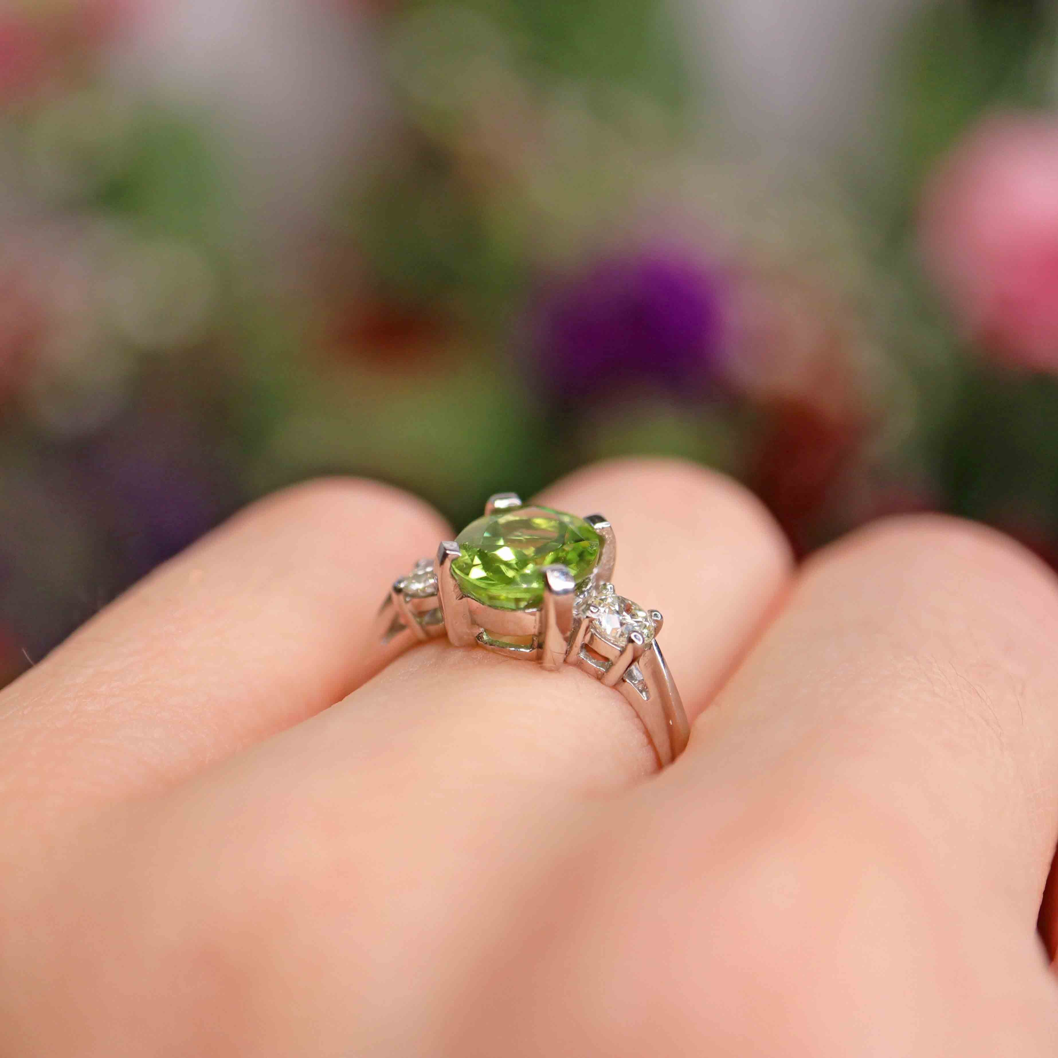 Ellibelle Jewellery Peridot & Diamond Platinum Three-Stone Engagement Ring (2.20cts)