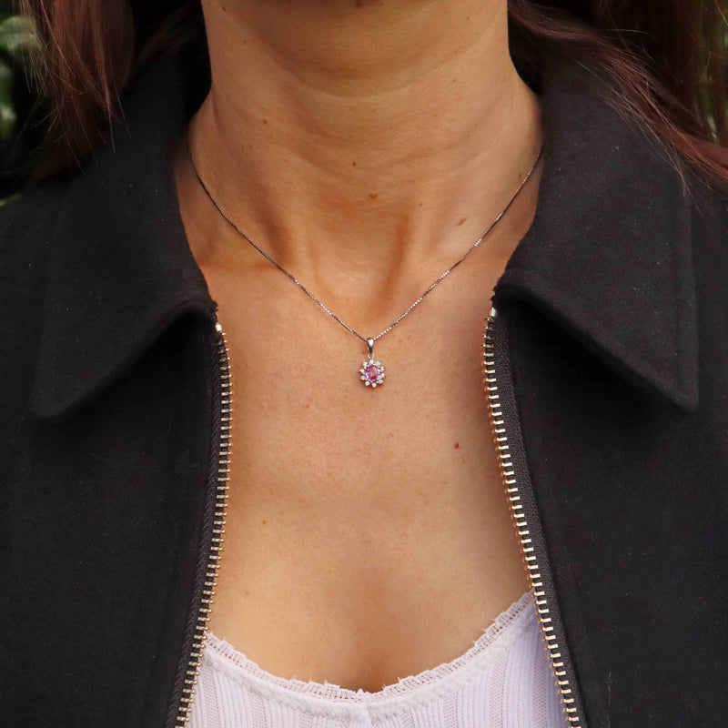 Ellibelle Jewellery Pink Sapphire & Diamond 18ct White Gold Cluster Pendant Necklace