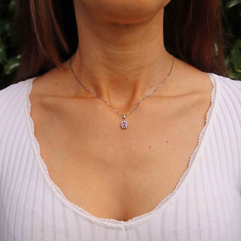 Ellibelle Jewellery Pink Sapphire & Diamond 18ct White Gold Cluster Pendant Necklace