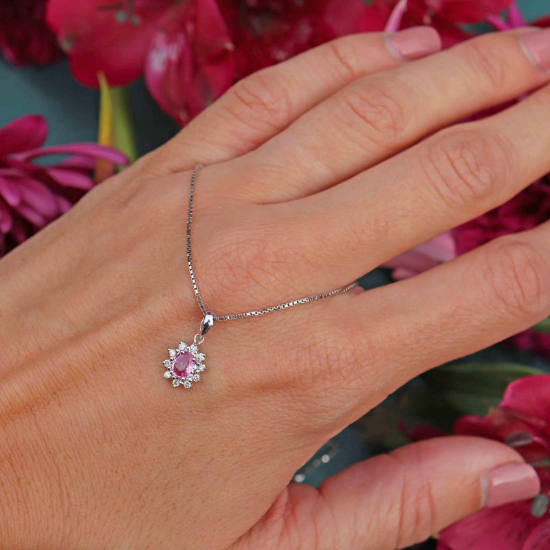 Ellibelle Jewellery Pink Sapphire & Diamond 18ct White Gold Cluster Pendant Necklace