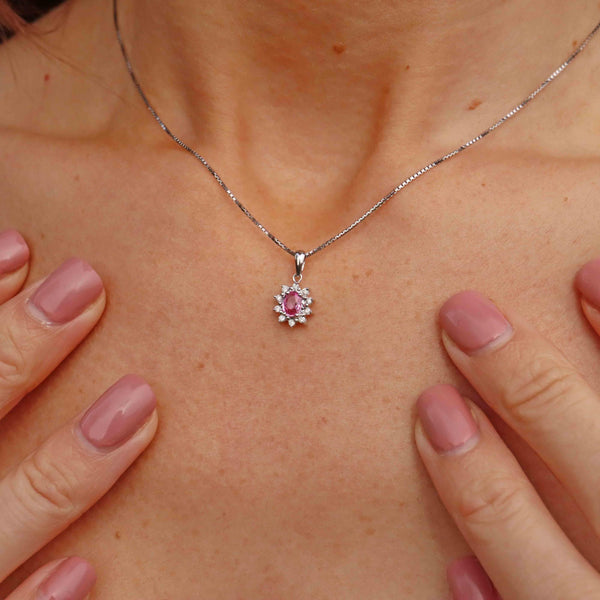 Ellibelle Jewellery Pink Sapphire & Diamond 18ct White Gold Cluster Pendant Necklace