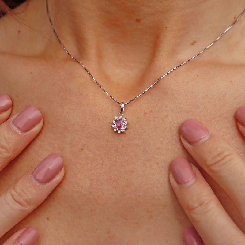 Ellibelle Jewellery Pink Sapphire & Diamond 18ct White Gold Cluster Pendant Necklace