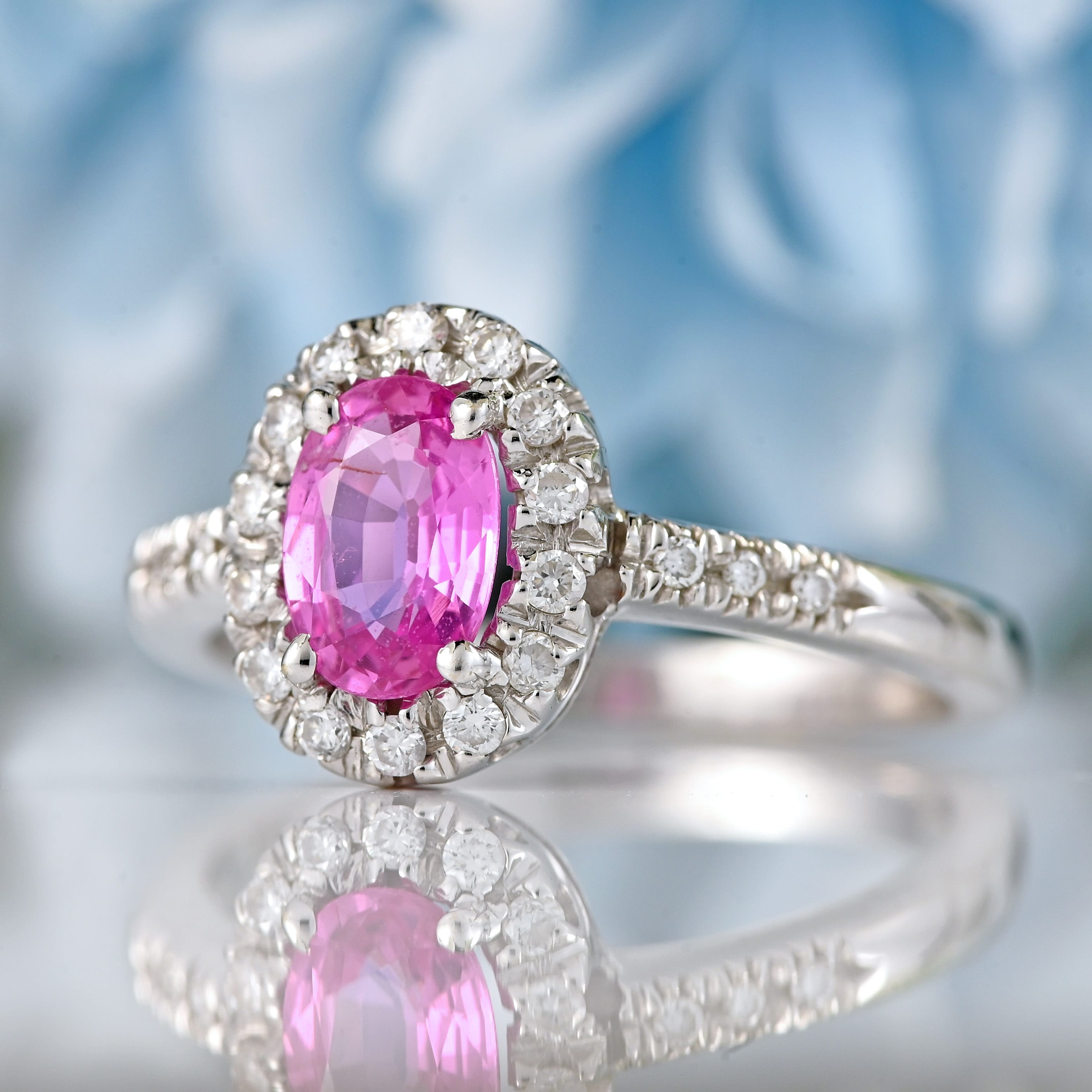 Ellibelle Jewellery Pink Sapphire & Diamond 18ct White Gold Halo Cluster Ring