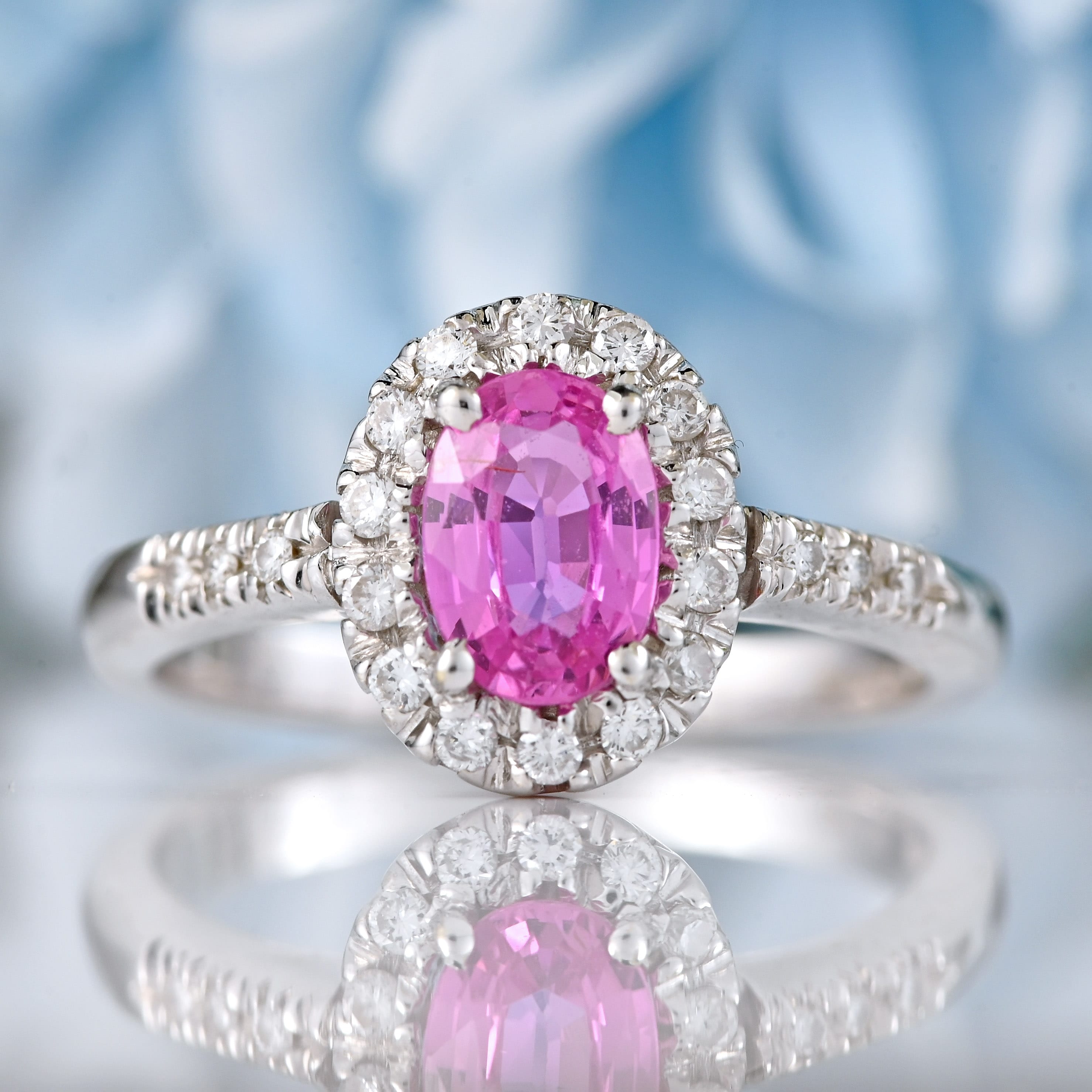 Ellibelle Jewellery Pink Sapphire & Diamond 18ct White Gold Halo Cluster Ring