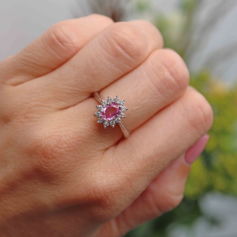 Ellibelle Jewellery Pink Sapphire & Diamond 18ct White Gold Oval Cluster Ring