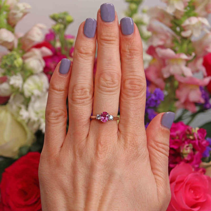 Ellibelle Jewellery Pink Sapphire & Diamond Platinum Oval Three-Stone Engagement Ring (0.93ct)