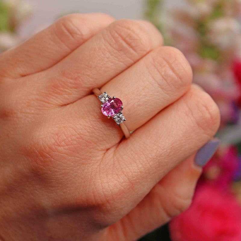 Ellibelle Jewellery Pink Sapphire & Diamond Platinum Oval Three-Stone Engagement Ring (0.93ct)