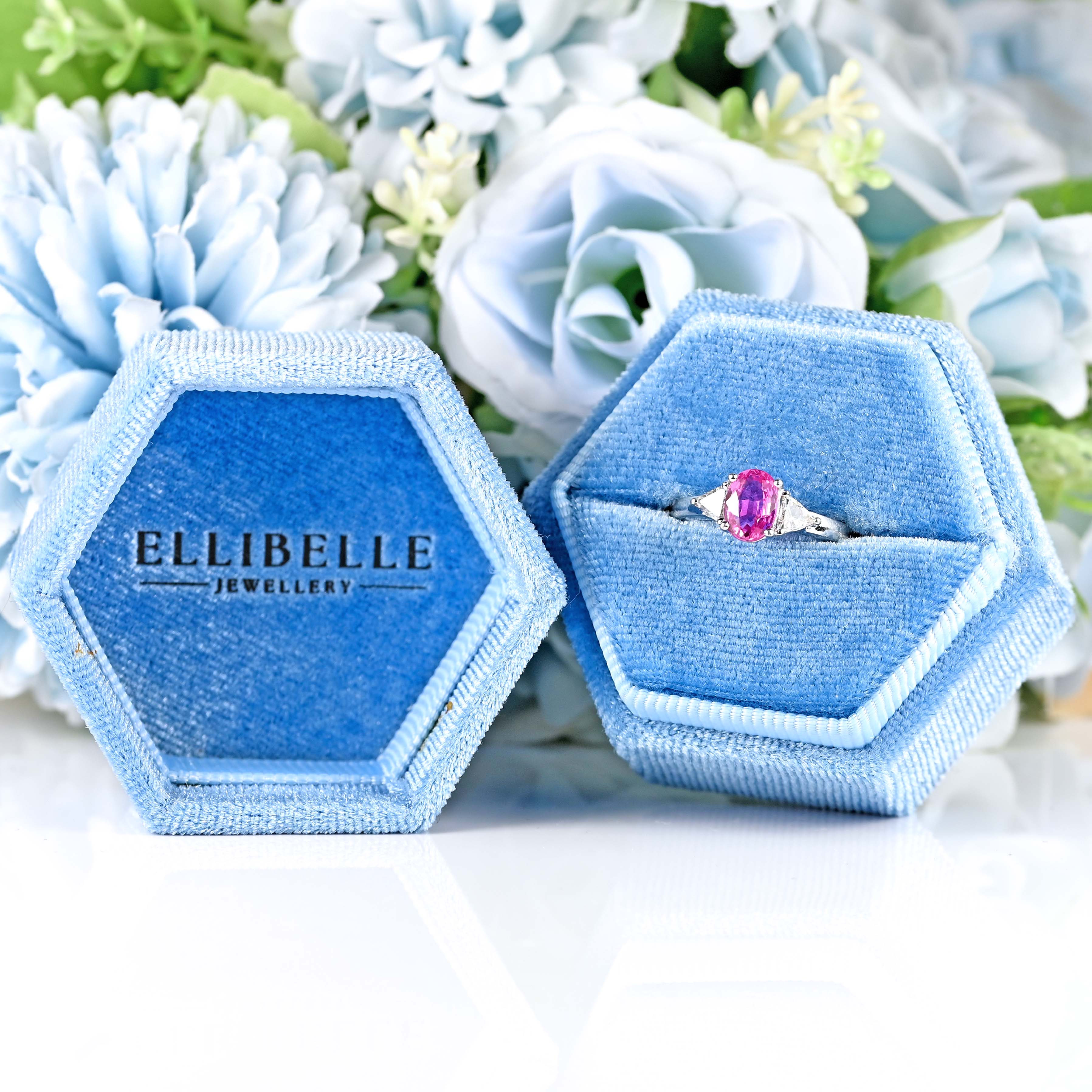 Ellibelle Jewellery Pink Sapphire & Trillion-Cut Diamond Platinum Three-Stone Engagement Ring