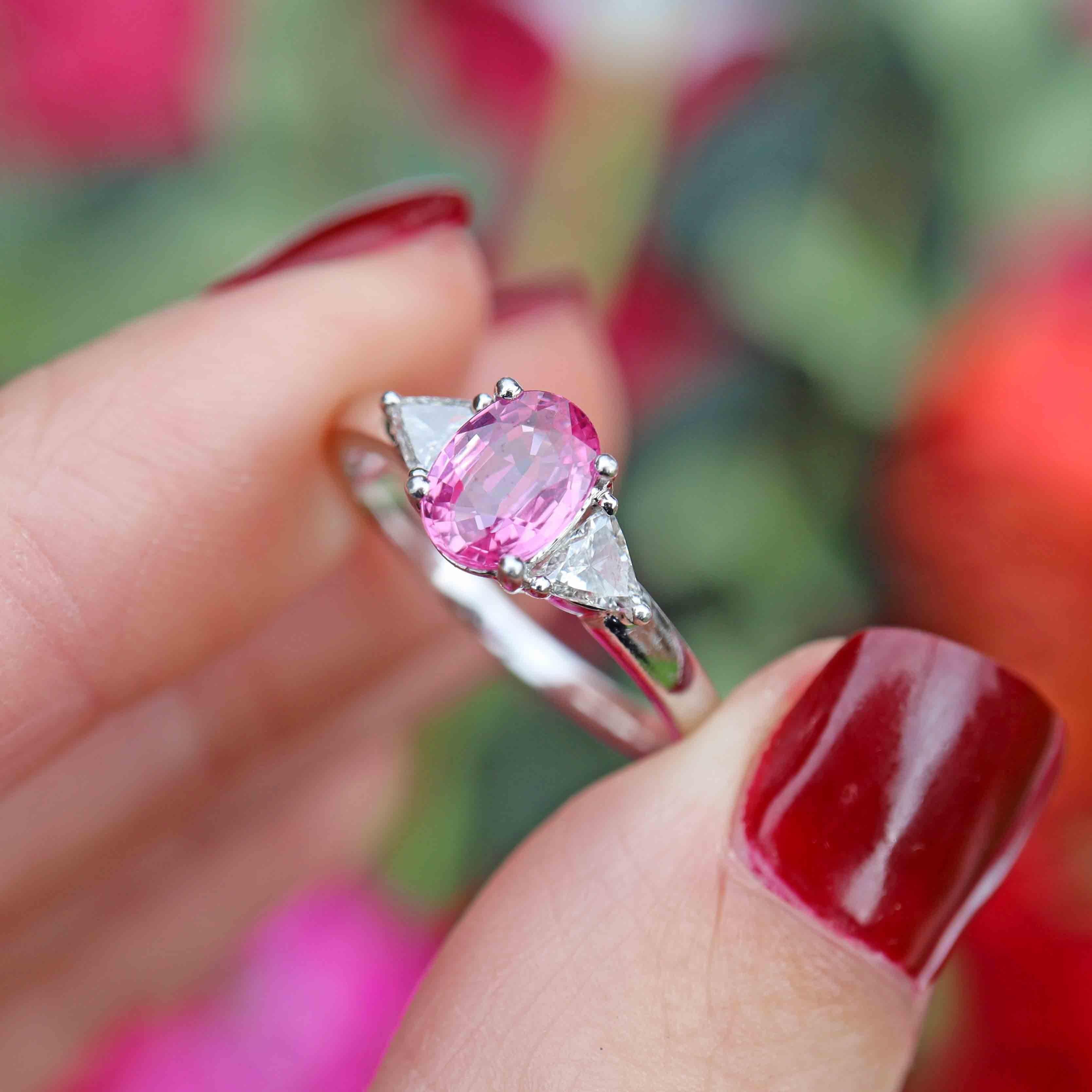 Ellibelle Jewellery Pink Sapphire & Trillion-Cut Diamond Platinum Three-Stone Engagement Ring