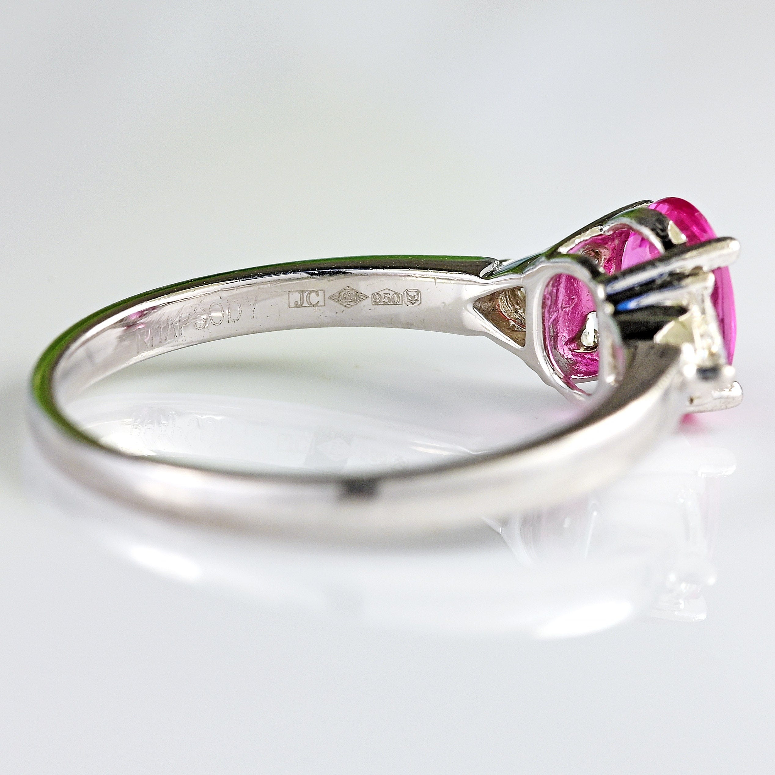 Ellibelle Jewellery Pink Sapphire & Trillion-Cut Diamond Platinum Three-Stone Engagement Ring