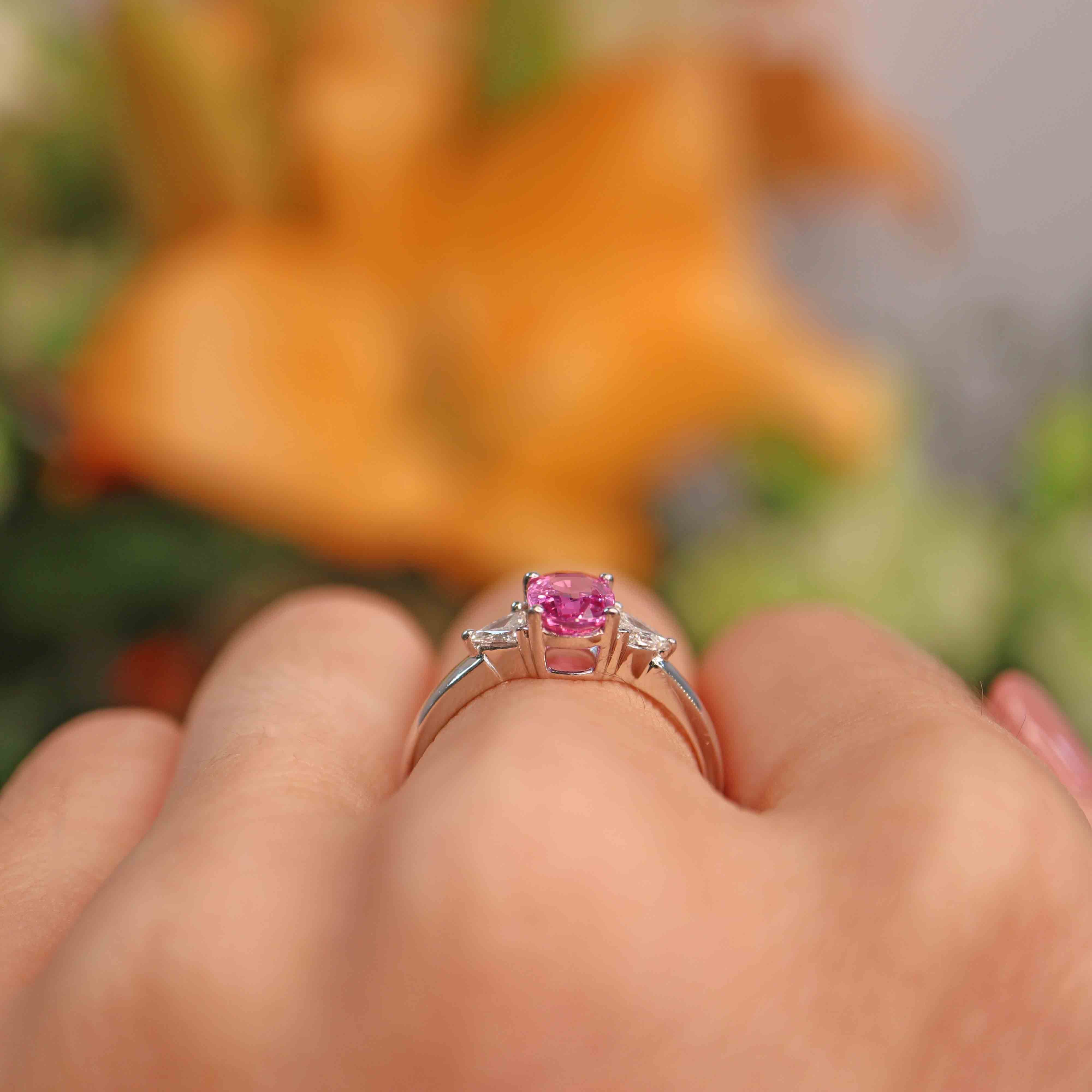 Ellibelle Jewellery Pink Sapphire & Trillion-Cut Diamond Platinum Three-Stone Engagement Ring