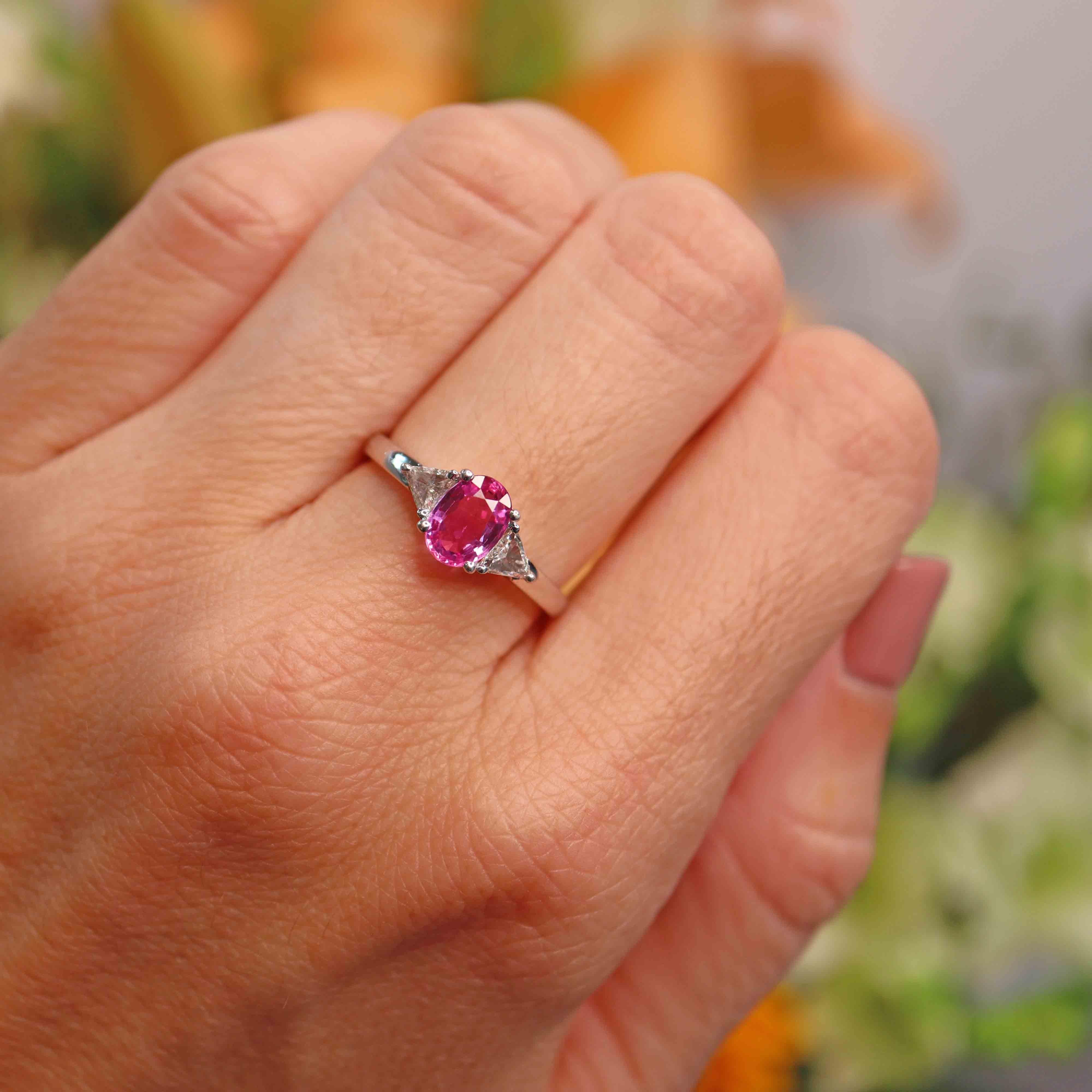 Ellibelle Jewellery Pink Sapphire & Trillion-Cut Diamond Platinum Three-Stone Engagement Ring