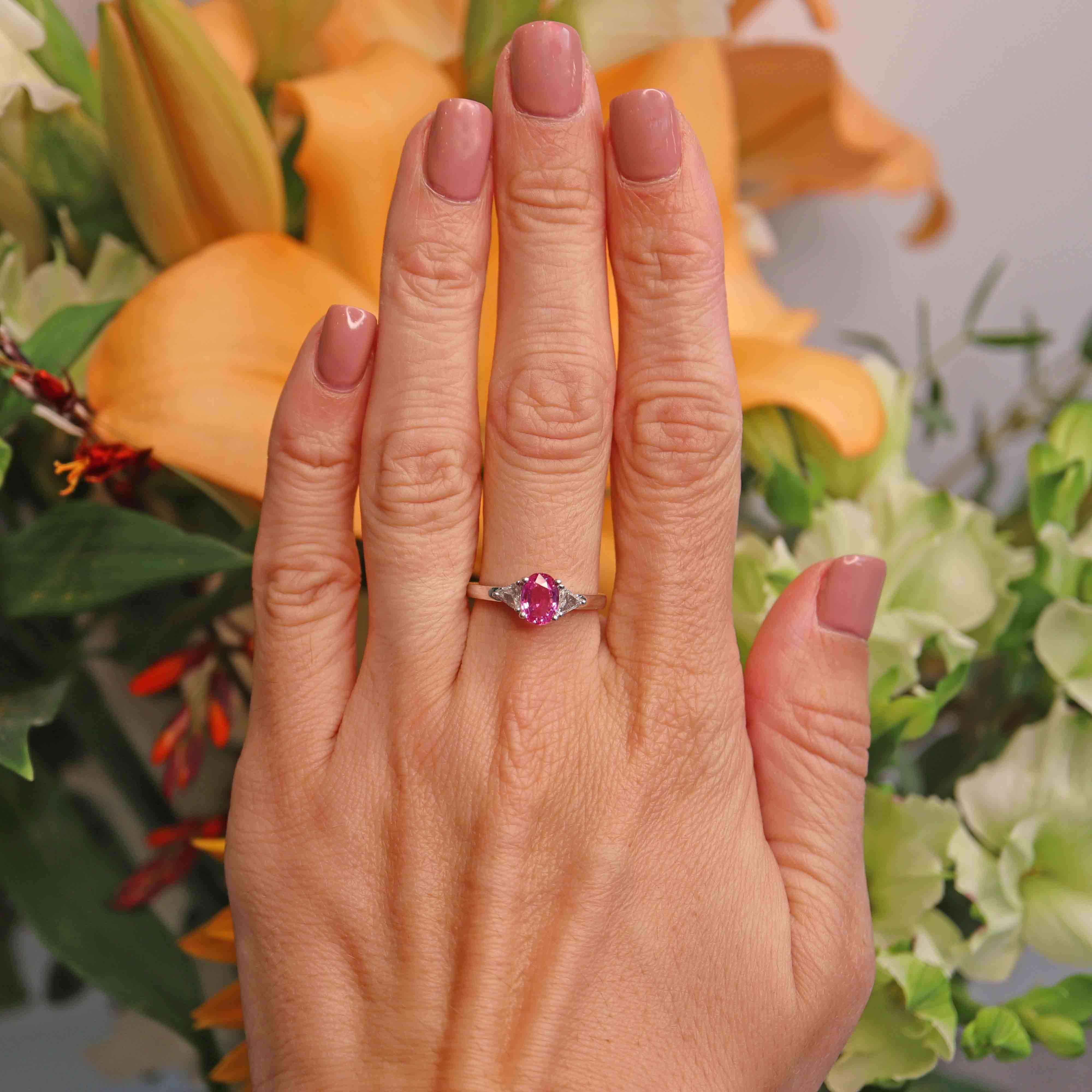 Ellibelle Jewellery Pink Sapphire & Trillion-Cut Diamond Platinum Three-Stone Engagement Ring